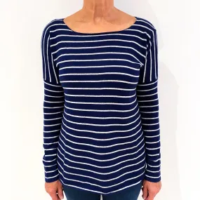 Naval Blue and Cream Striped Cashmere Crew Neck Jumper Medium
