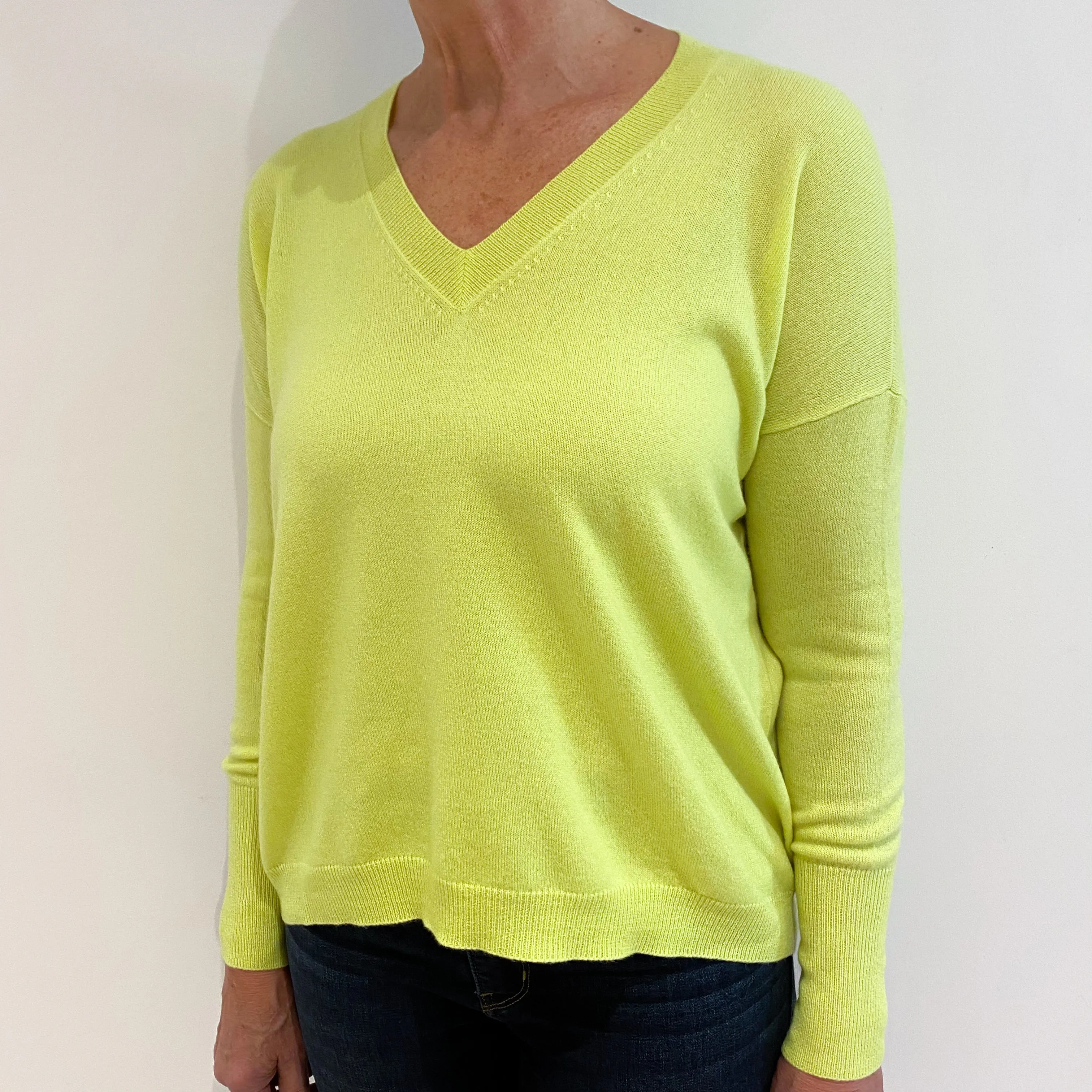 Neon Chartreuse Yellow Cashmere V-Neck Jumper Medium