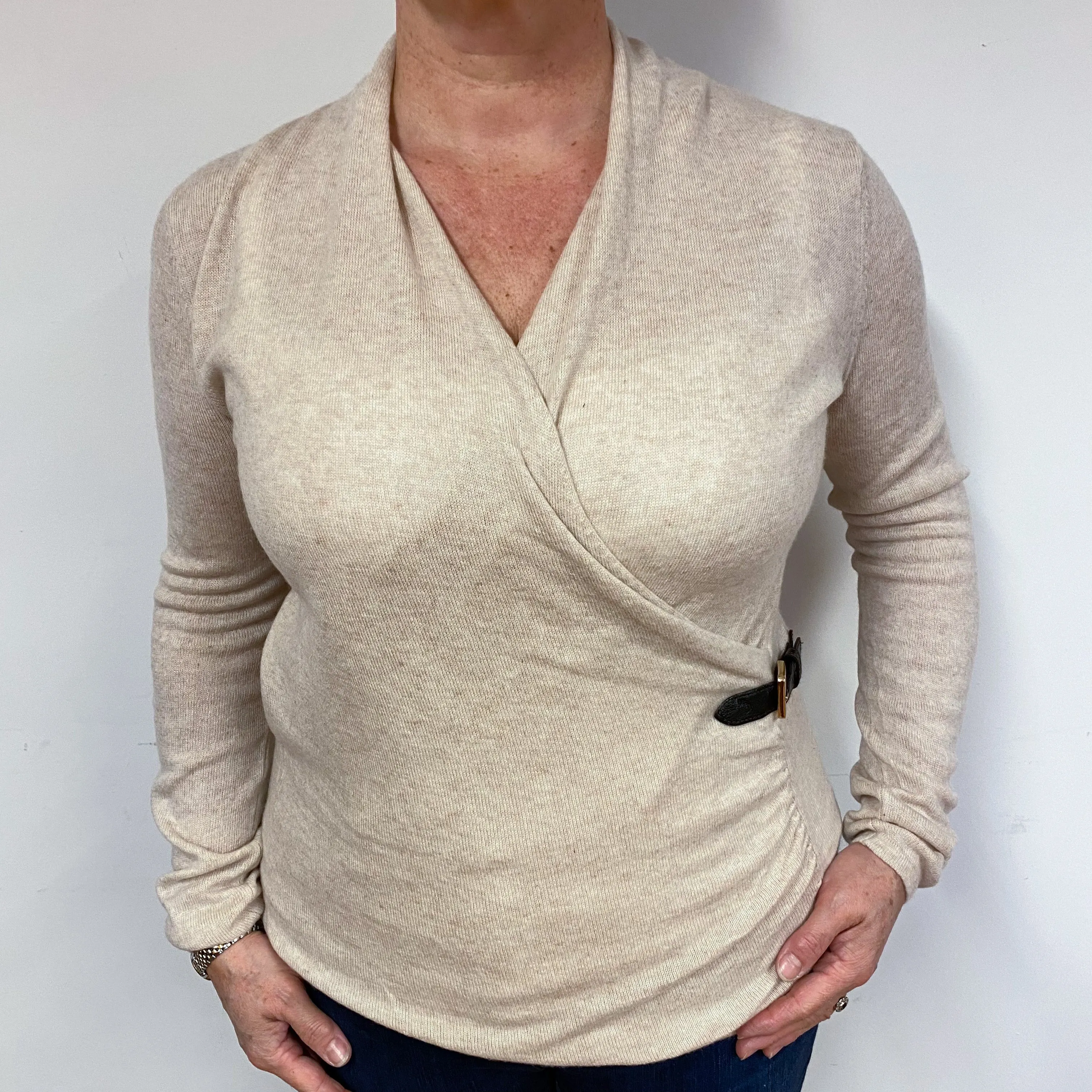 Oatmeal Cross-Over Cashmere V-Neck Jumper Large