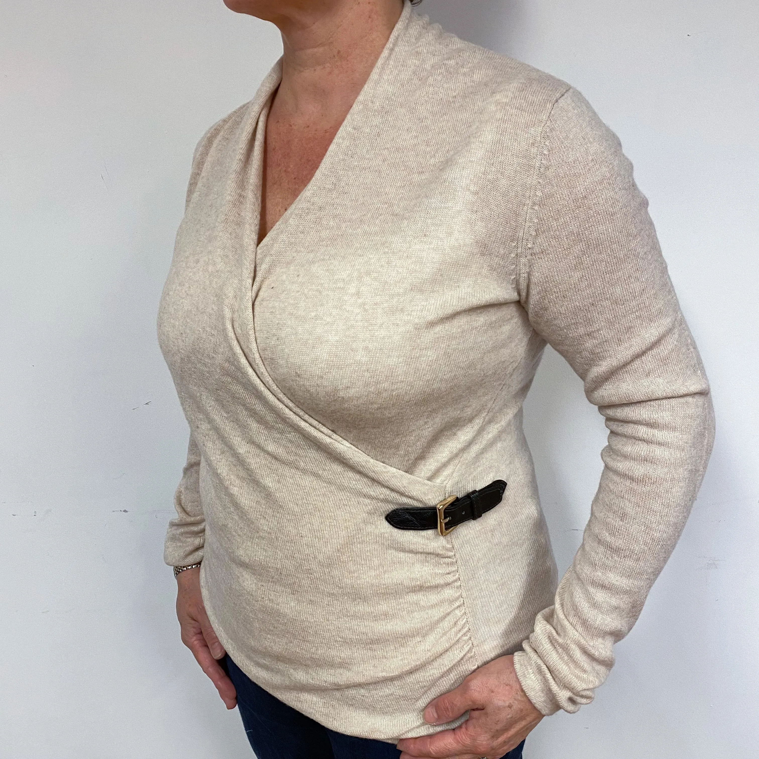 Oatmeal Cross-Over Cashmere V-Neck Jumper Large