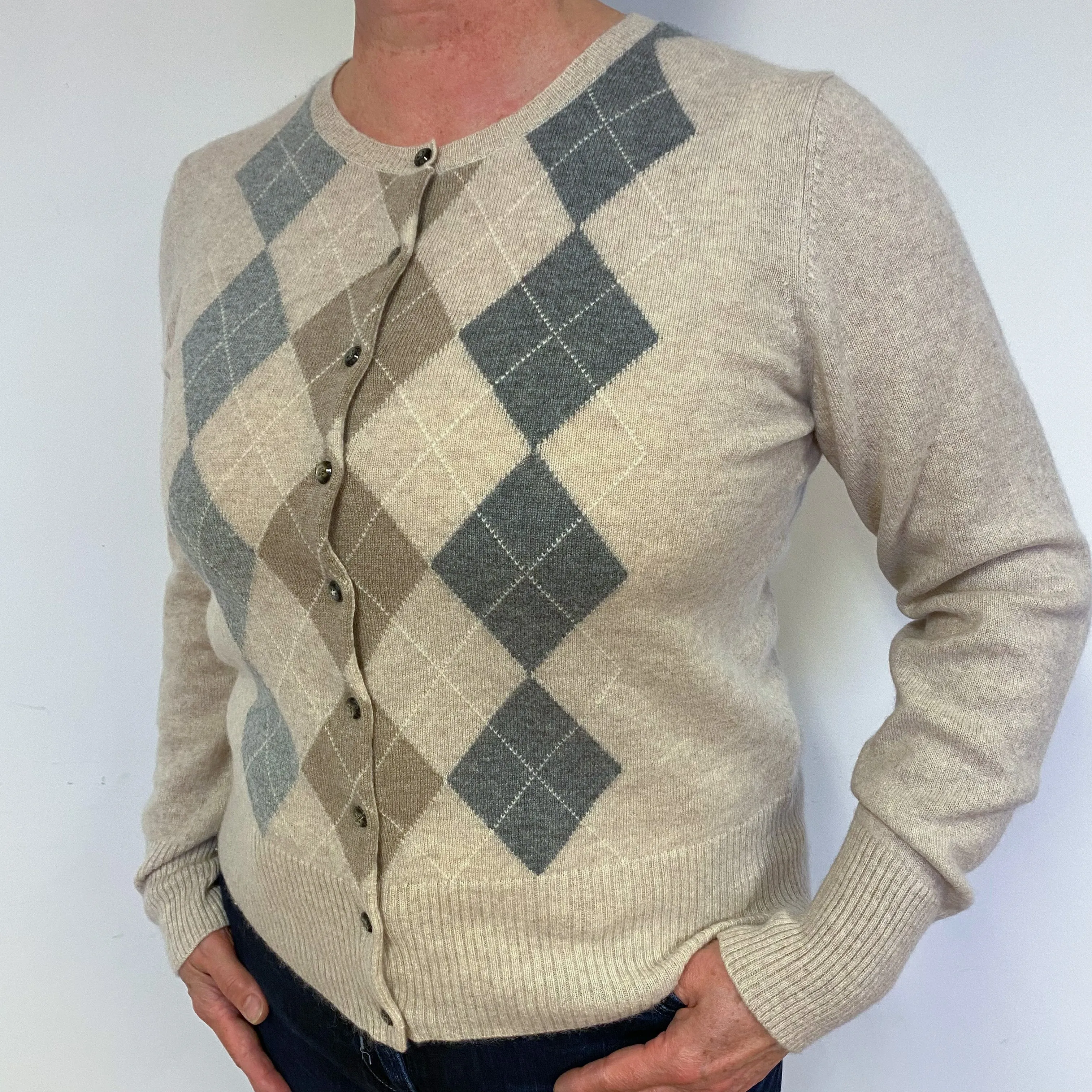 Oatmeal Grey Argyle Cashmere Crew Neck Cardigan Large