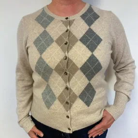 Oatmeal Grey Argyle Cashmere Crew Neck Cardigan Large