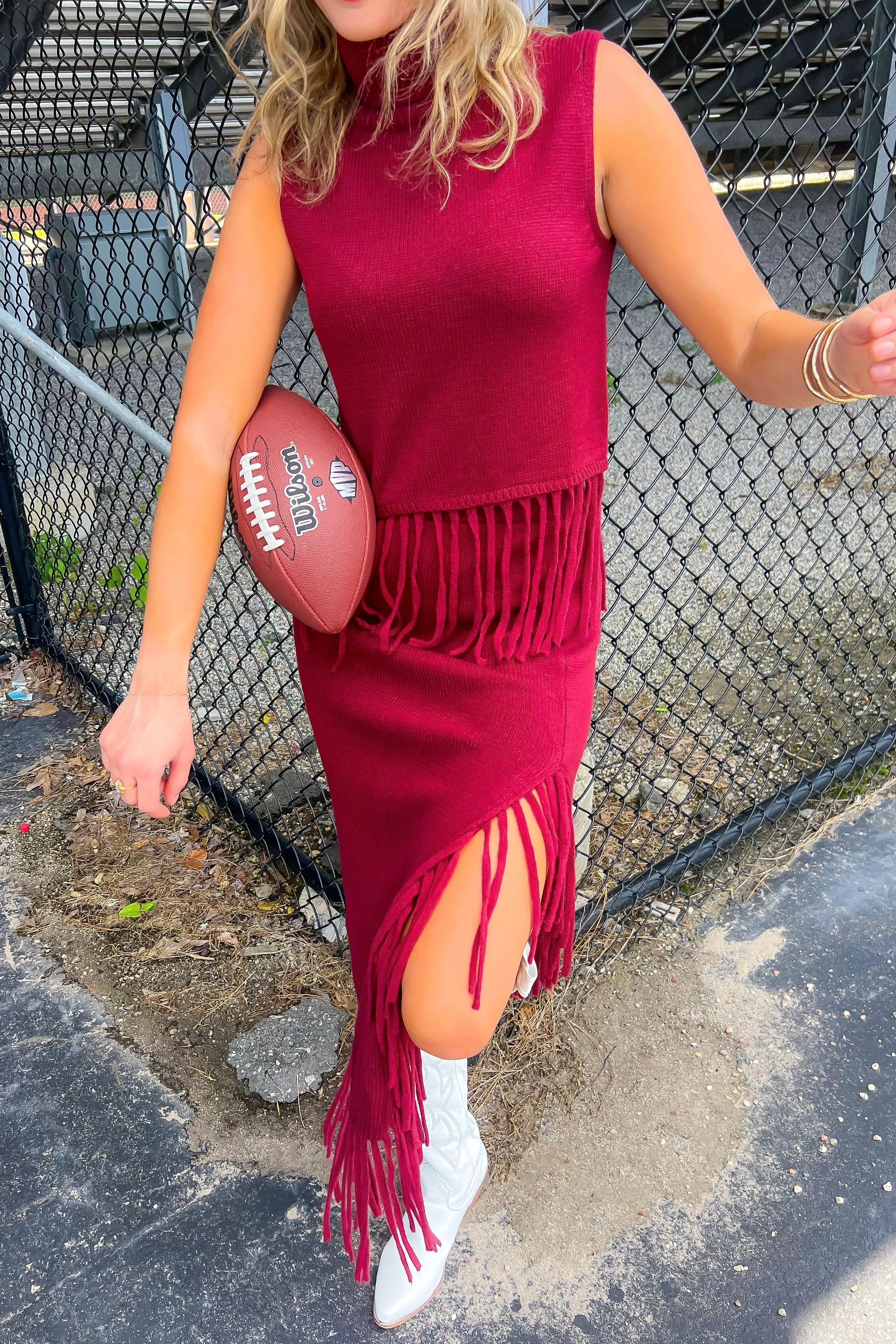 On the Road Burgundy Fringe Knit Maxi Skirt