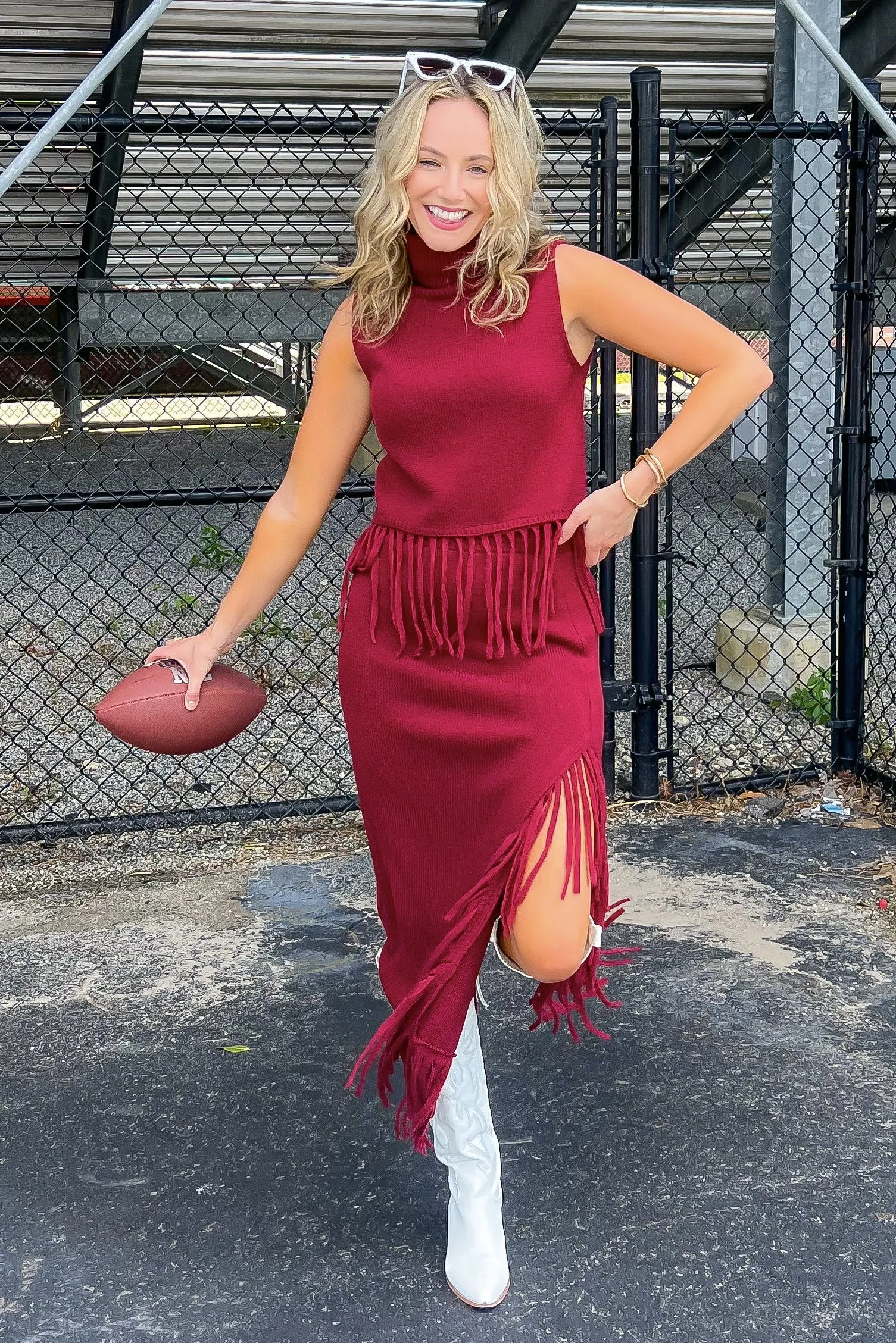 On the Road Burgundy Fringe Knit Maxi Skirt