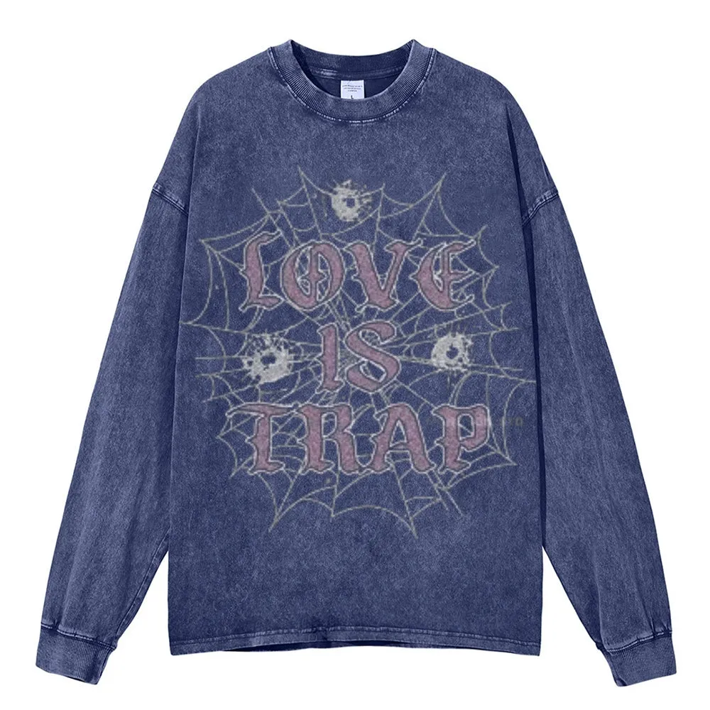 Oversized Vintage Washed LOVE IS TRAP Graphic Sweatshirt