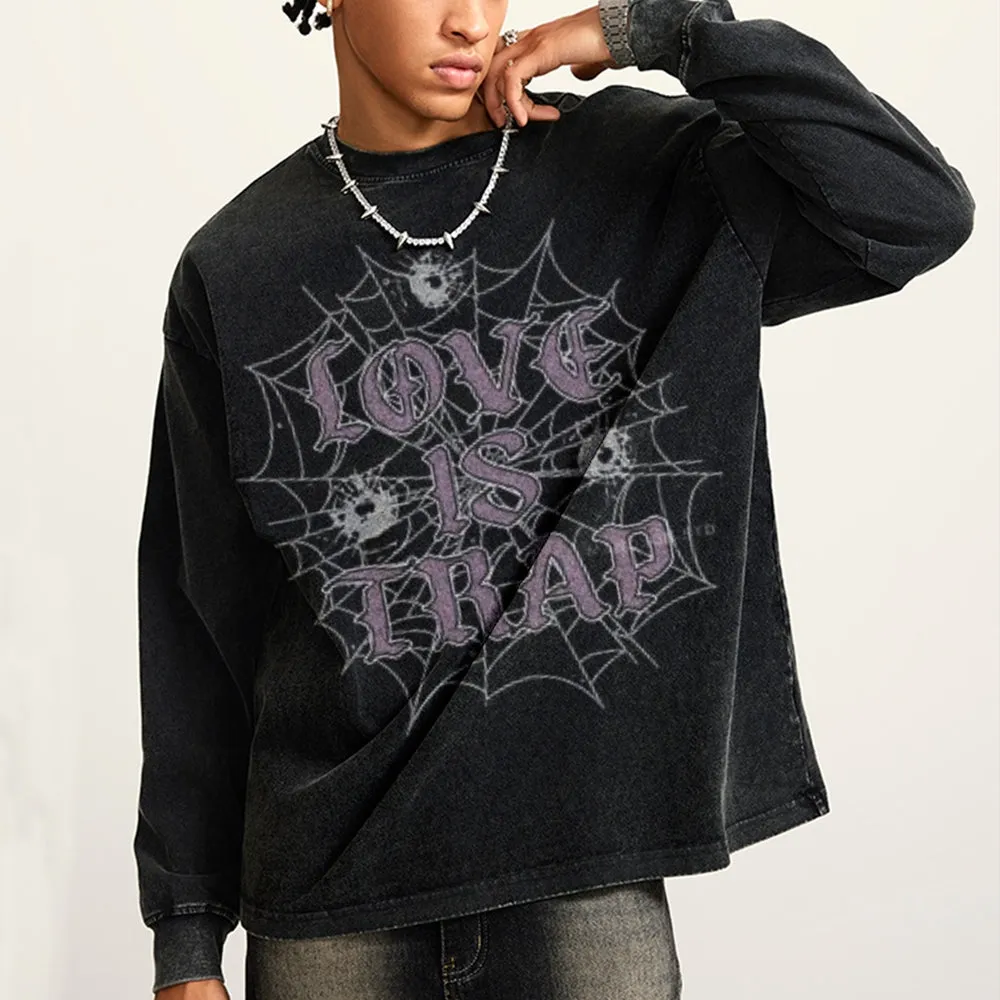 Oversized Vintage Washed LOVE IS TRAP Graphic Sweatshirt