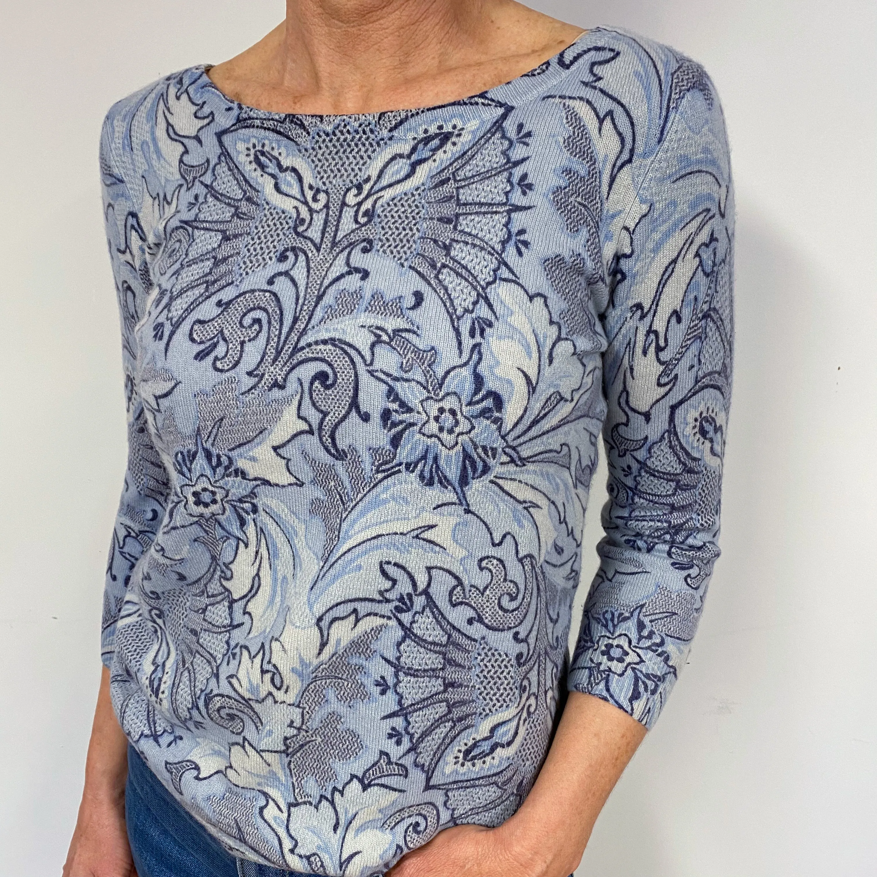 Pale Blue Patterned Crew Neck Jumper Medium
