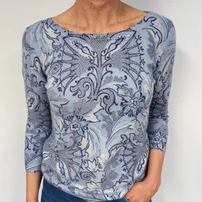 Pale Blue Patterned Crew Neck Jumper Medium
