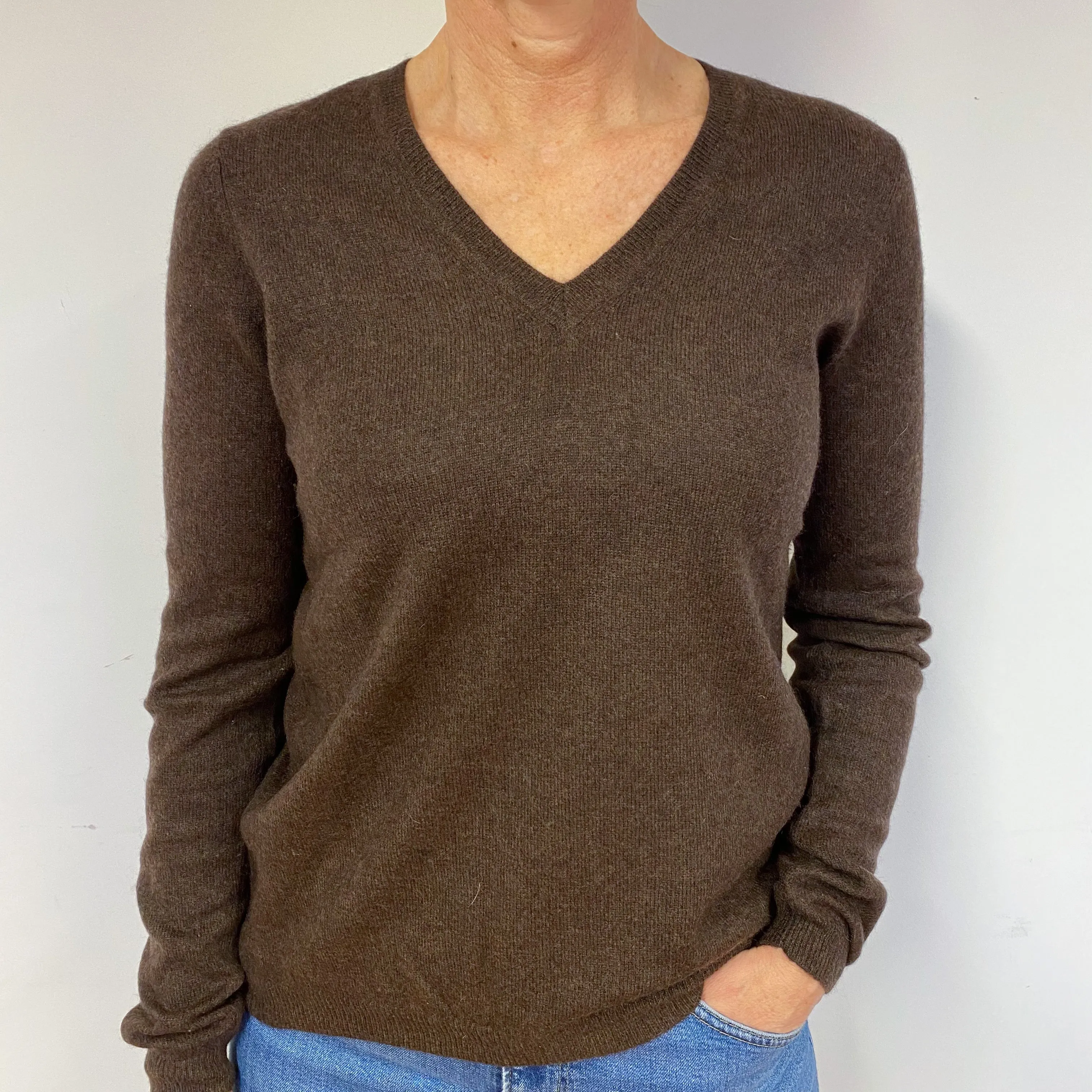 Peppercorn Brown Cashmere V-Neck Jumper Medium