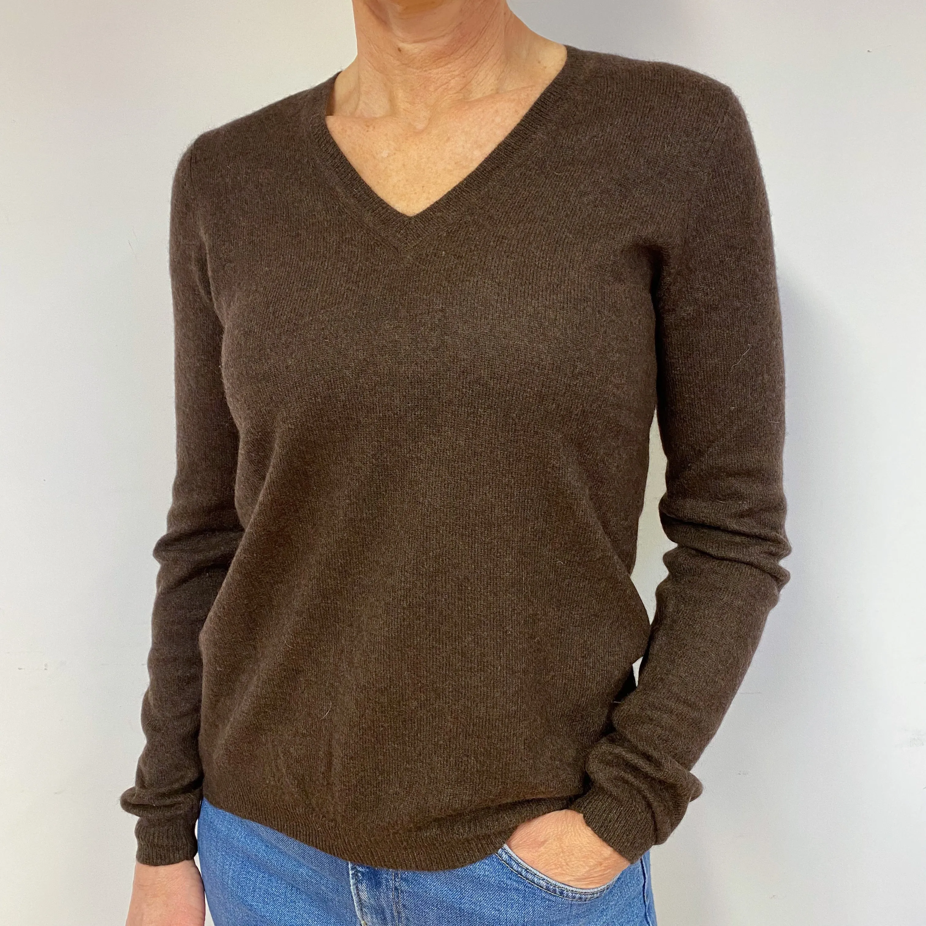Peppercorn Brown Cashmere V-Neck Jumper Medium