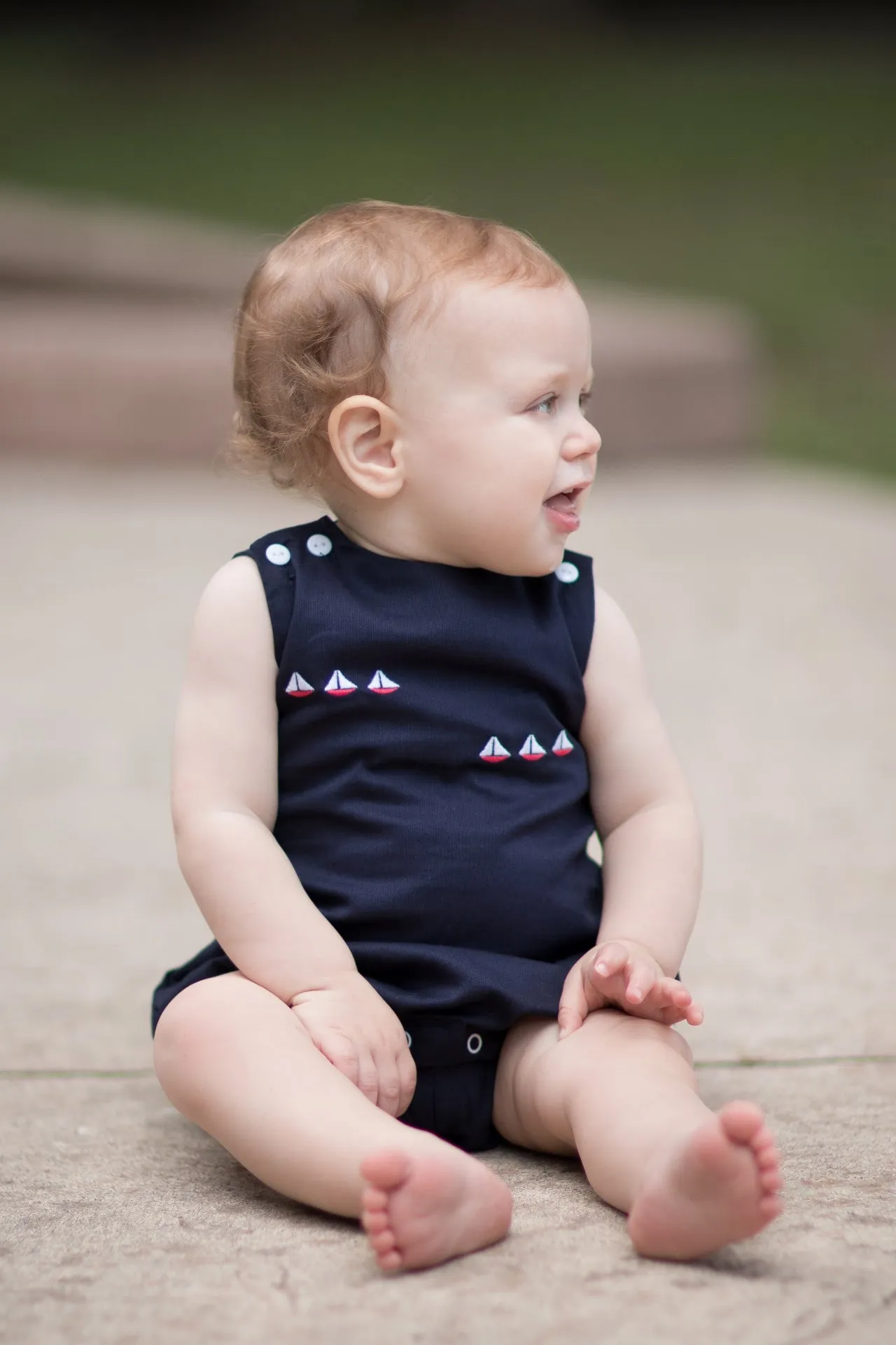Picque Classic Navy Smocked Sailboats Baby Boy Bubble Romper