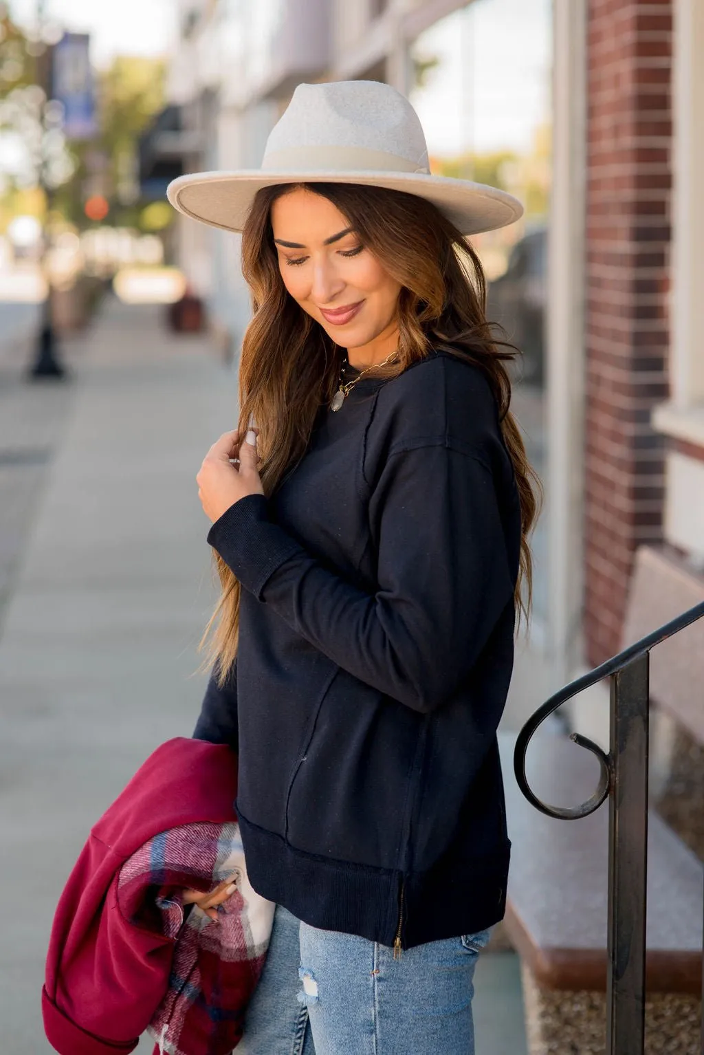 Raw Stitched Solid Trim Sweatshirt