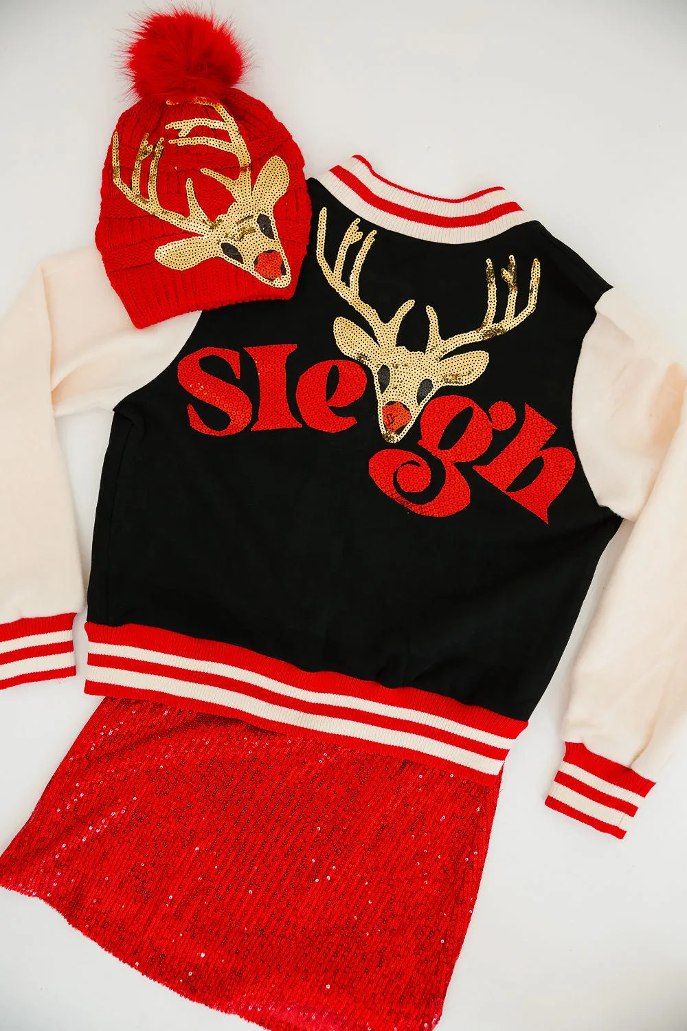 REINDEER SLEIGH BLACK VARSITY JACKET