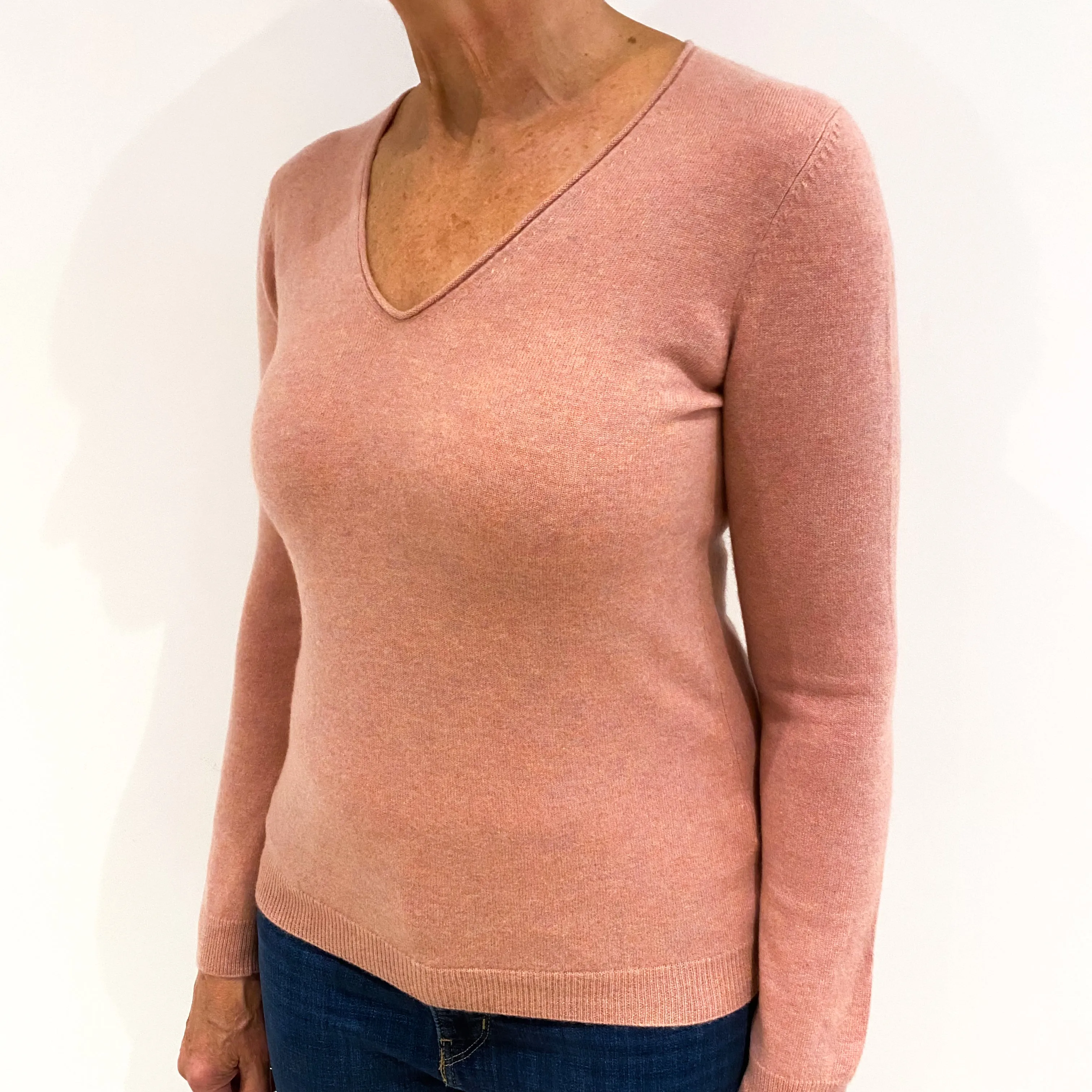Repeat Salmon Pink Cashmere V-Neck Jumper Medium
