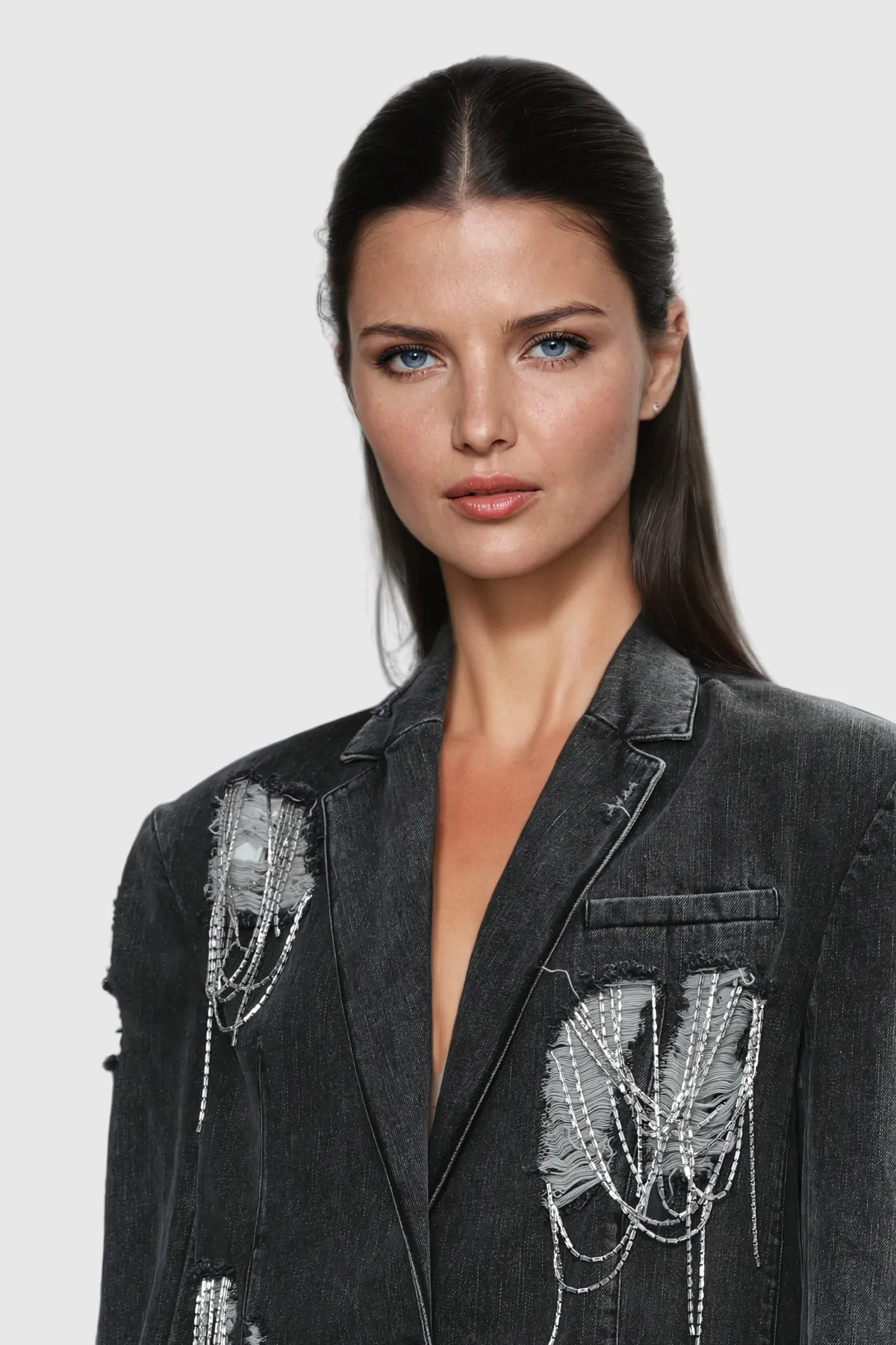 Rhinestone Chain Torn Denim Jacket