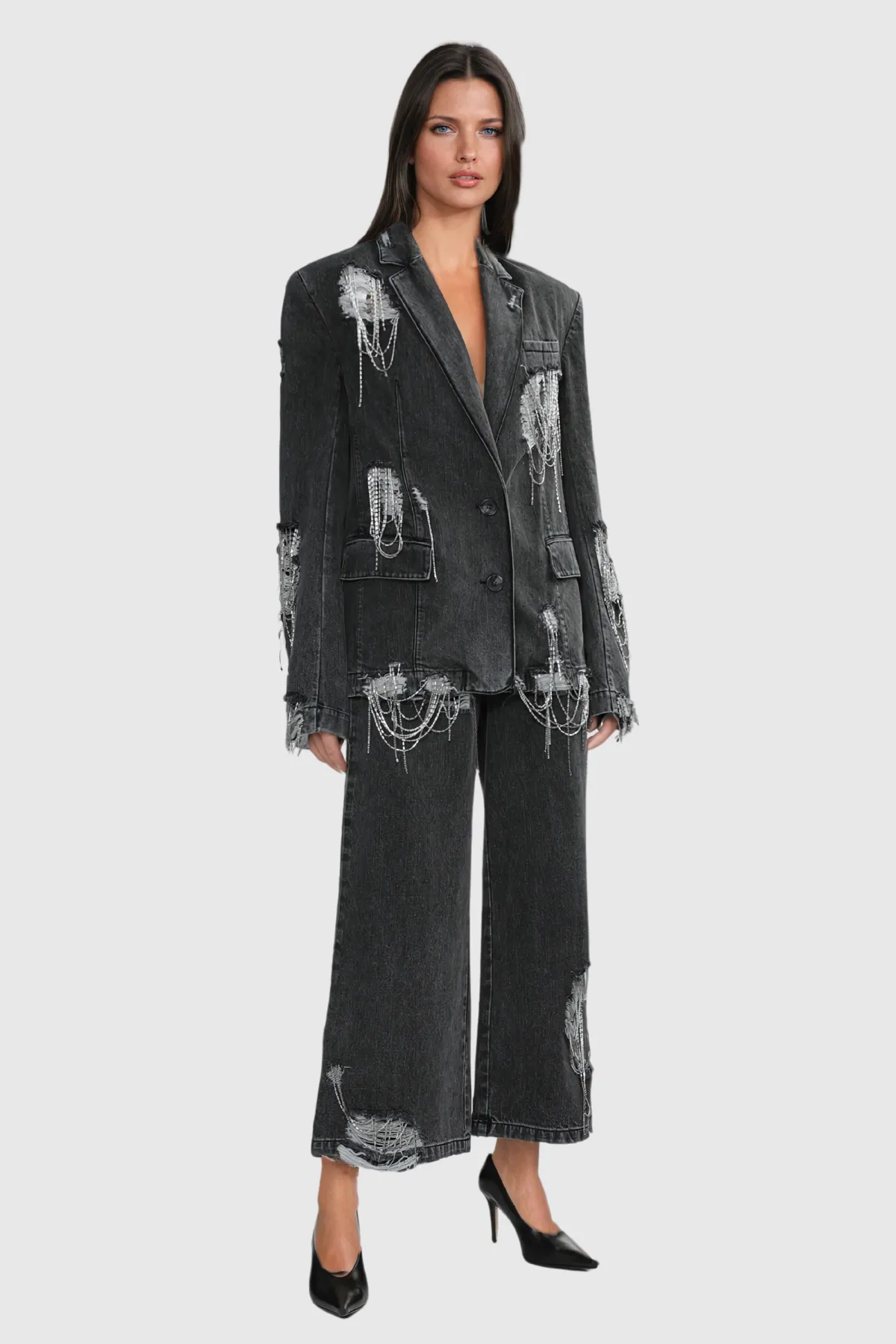Rhinestone Chain Torn Denim Jacket