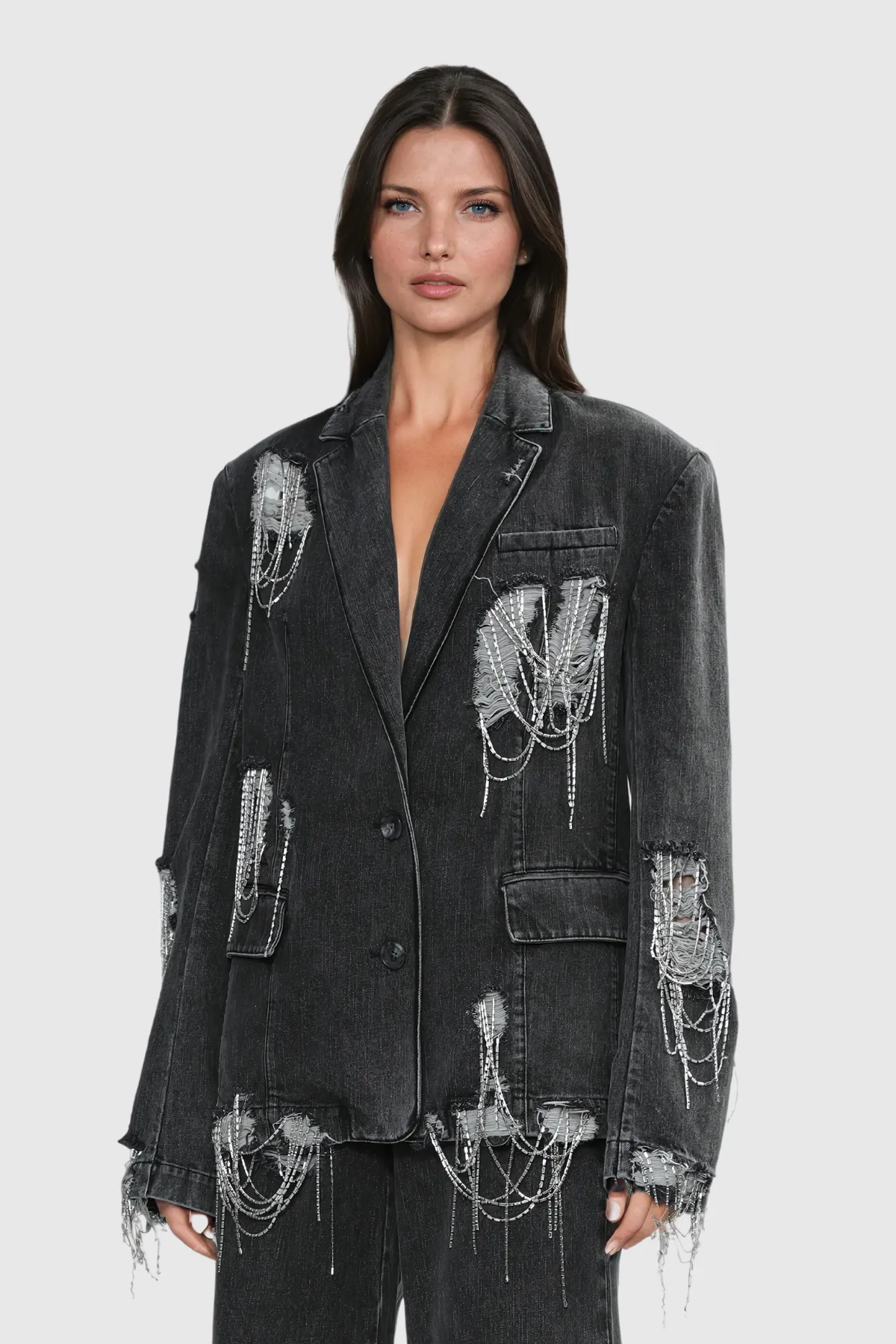 Rhinestone Chain Torn Denim Jacket