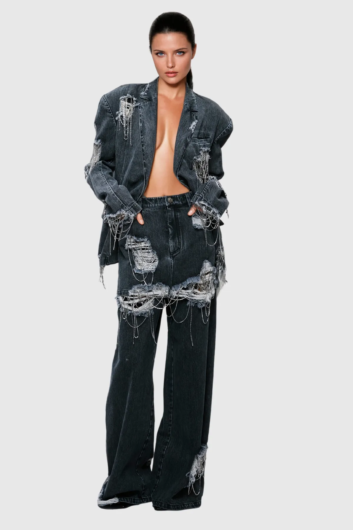 Rhinestone Chain Torn Denim Jacket
