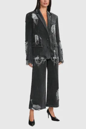 Rhinestone Chain Torn Denim Jacket
