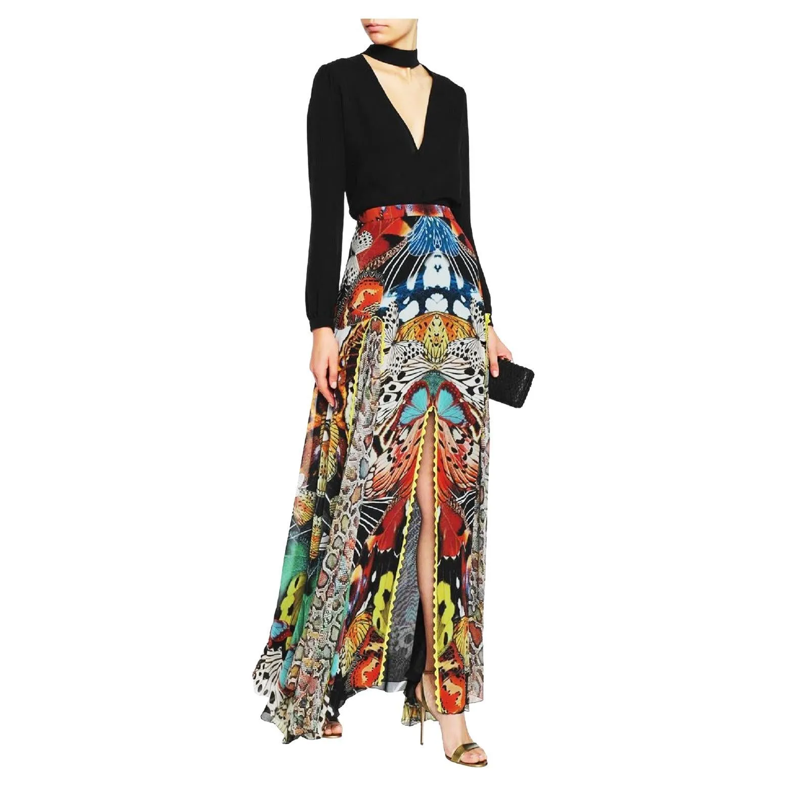 Roberto Cavalli Butterfly Printed Silk Maxi Skirt