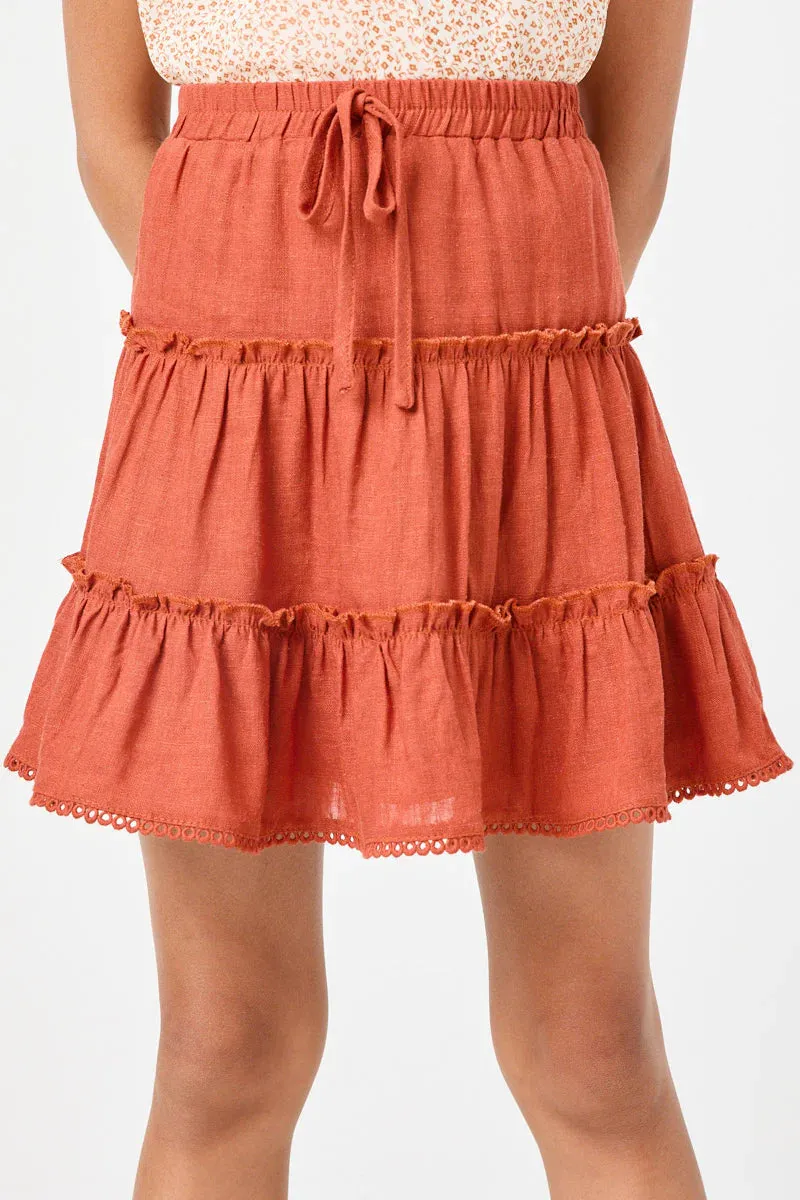Rust Crochet Hem Tiered Ruffle Skirt