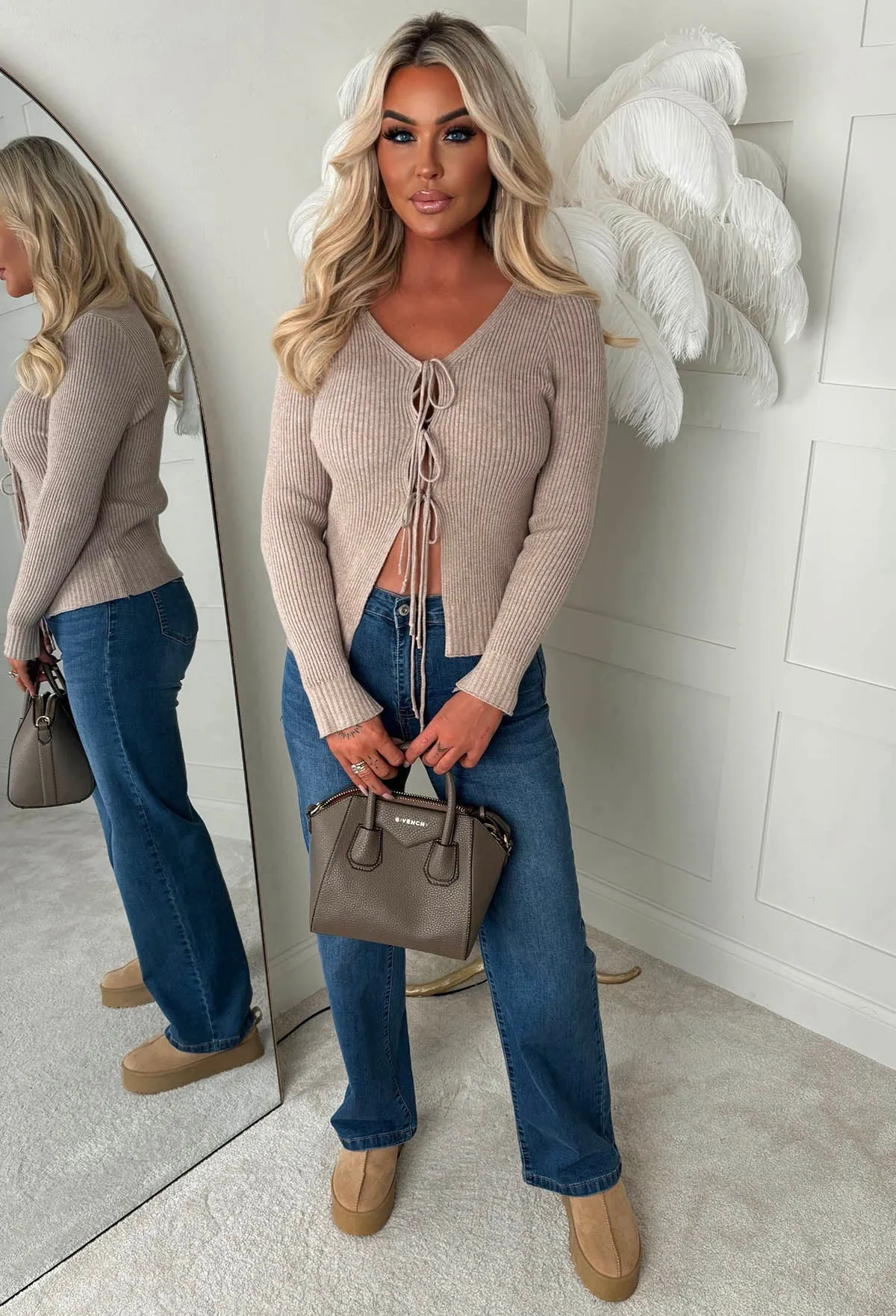 Rylee Beige Ultra Soft Tie Up Rib Knit Cardigan
