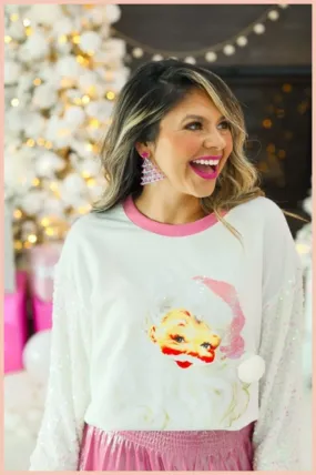 Santa Clause White Sweatshirt   Sequin Sleeves