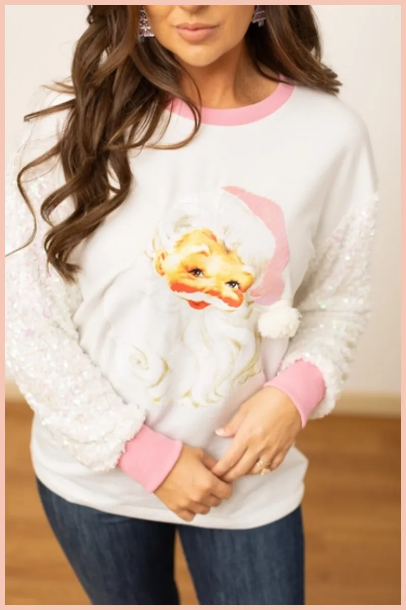 Santa Clause White Sweatshirt   Sequin Sleeves
