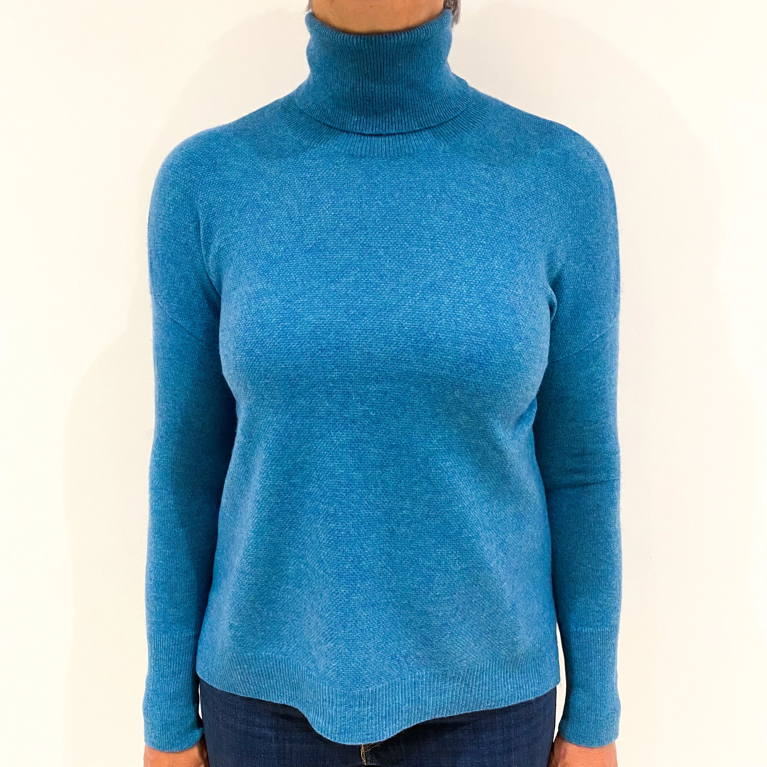 Sea Blue Cashmere Polo Neck Jumper Medium