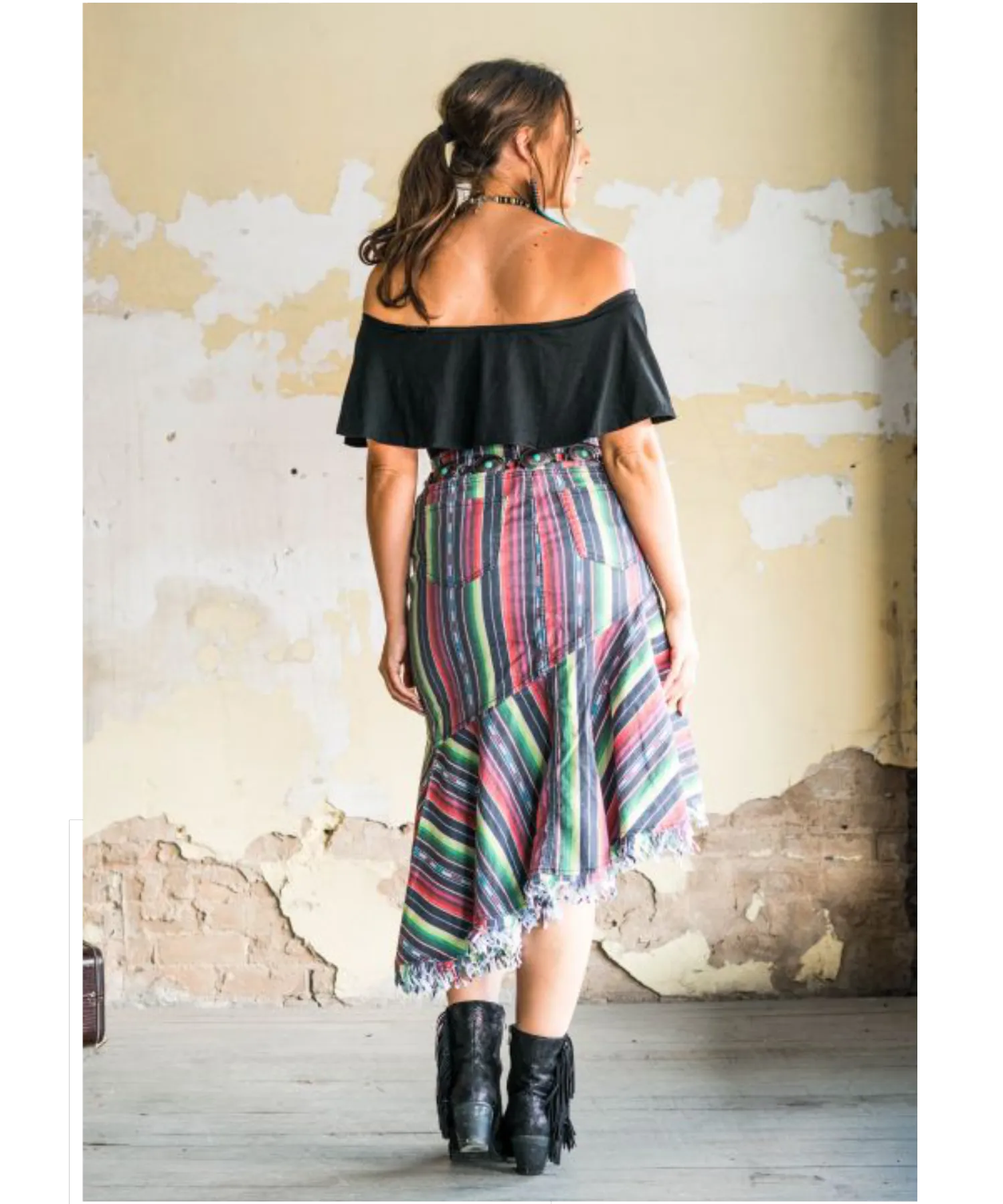 Serape Side Ruffle Denim Skirt