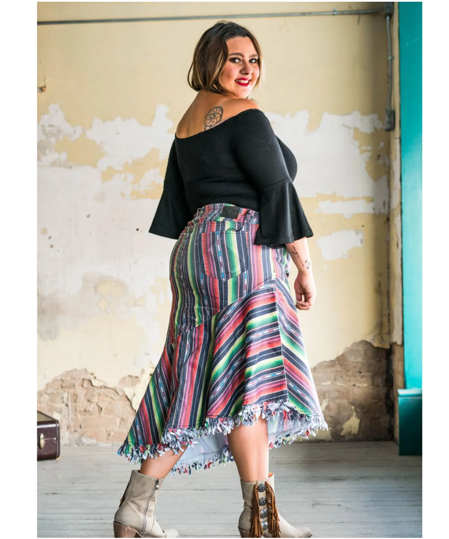 Serape Side Ruffle Denim Skirt