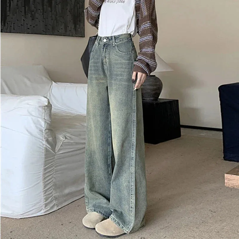 Size Nostalgia Wide Leg Jeans Women American High Waist Pear Loose Covered Meat Dragging Vintage Straight Pants Jeans