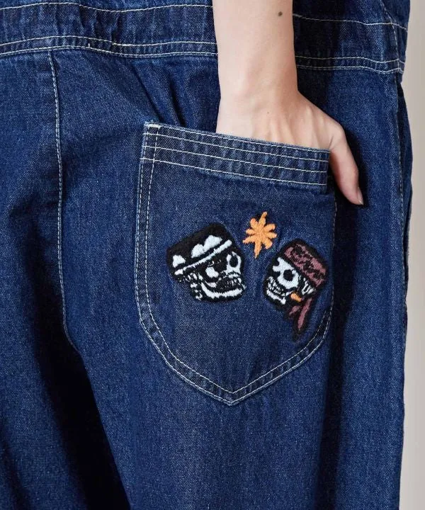 Skull Embroidery Denim Overall