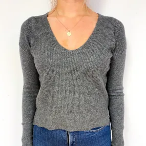Slate Grey Waffle Knit Cashmere V-Neck Jumper Small