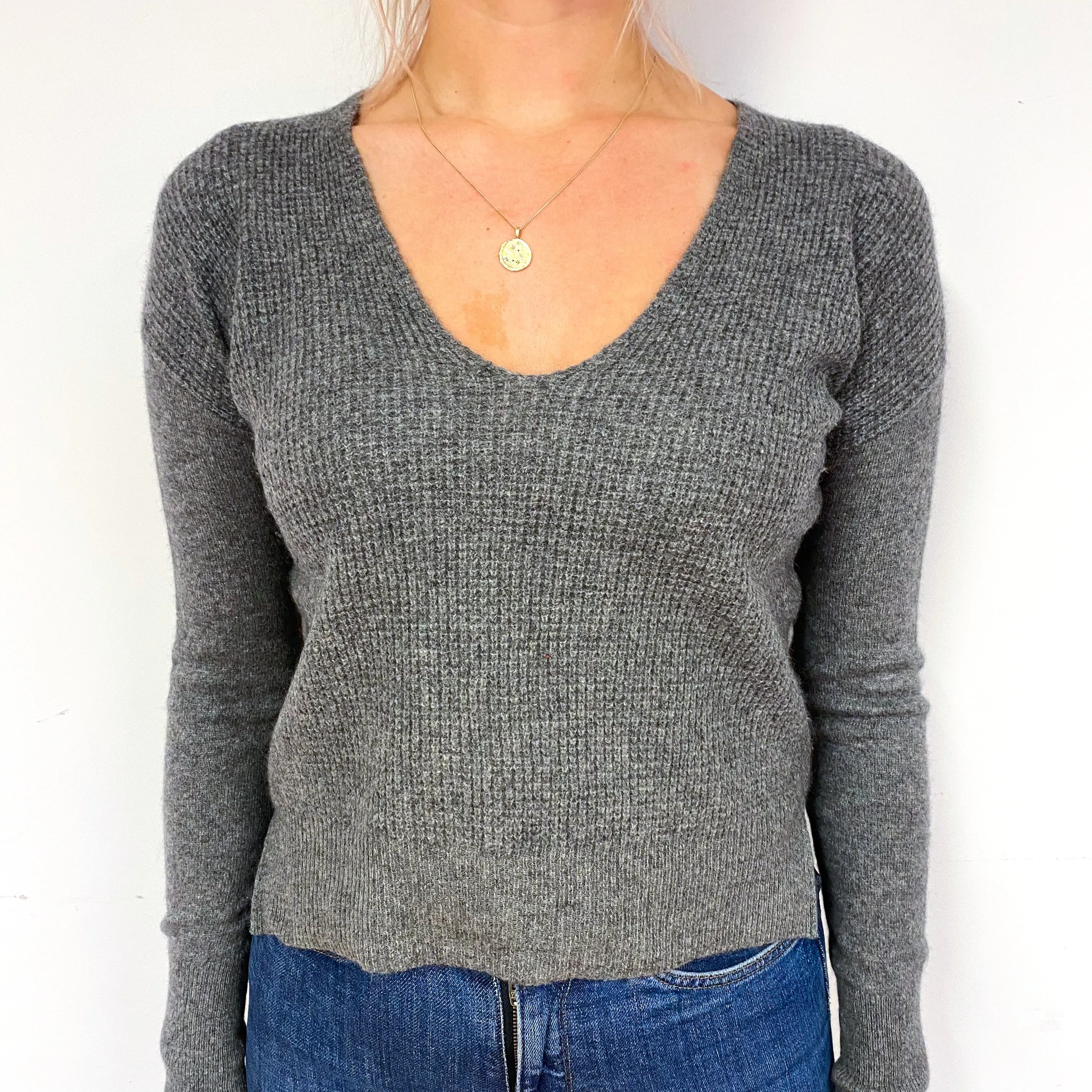 Slate Grey Waffle Knit Cashmere V-Neck Jumper Small