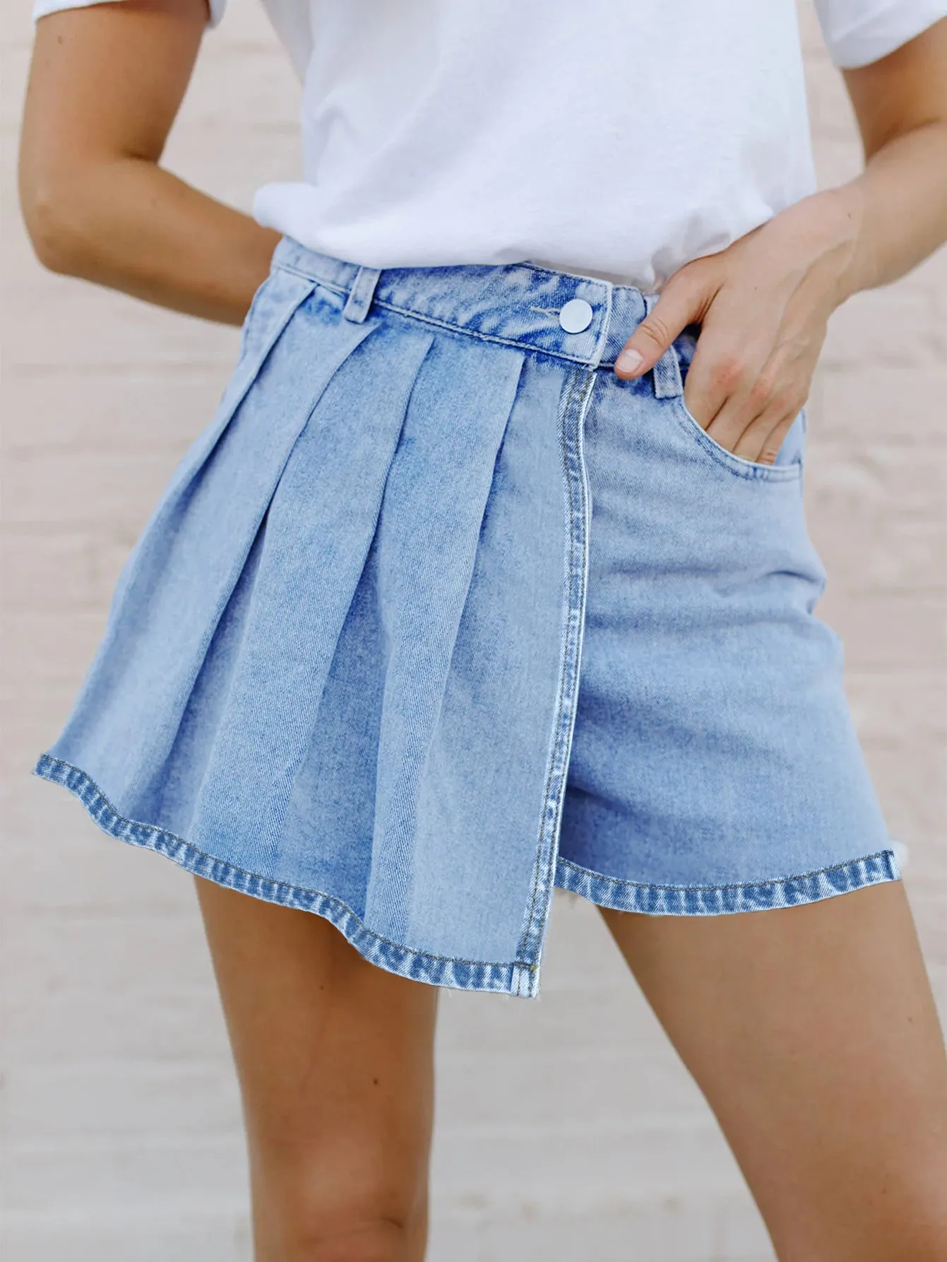 Street Style Solid Color Irregular Fake Two Pieces Denim Shorts Wholesale Womens Clothing