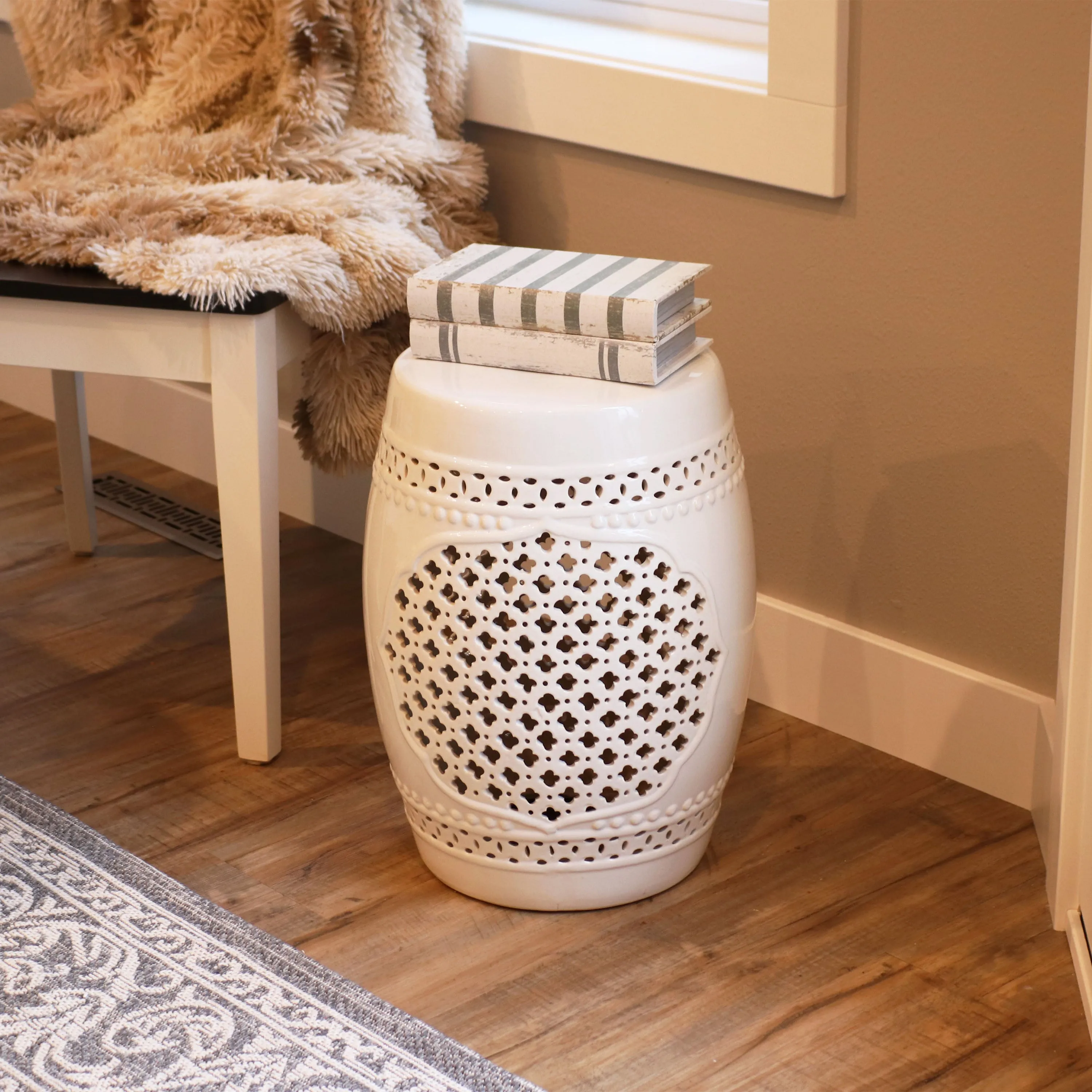Sunnydaze Marrakesh Lattice Ceramic Garden Stool Side Table - 17.75"