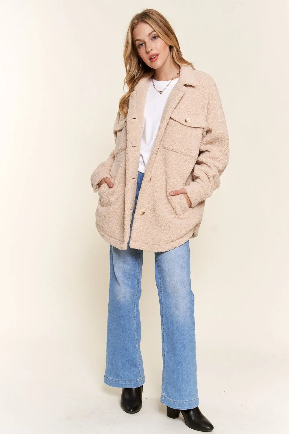 Teddy Sherpa Button Down Curved Hem Shacket in Natural