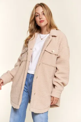 Teddy Sherpa Button Down Curved Hem Shacket in Natural