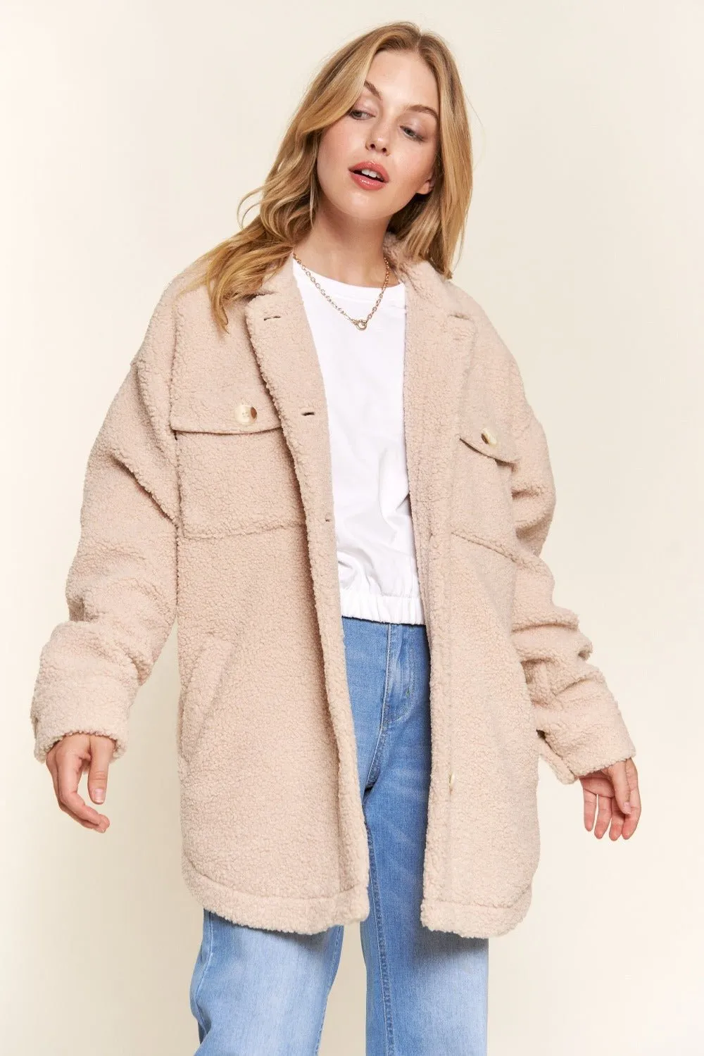 Teddy Sherpa Button Down Curved Hem Shacket in Natural