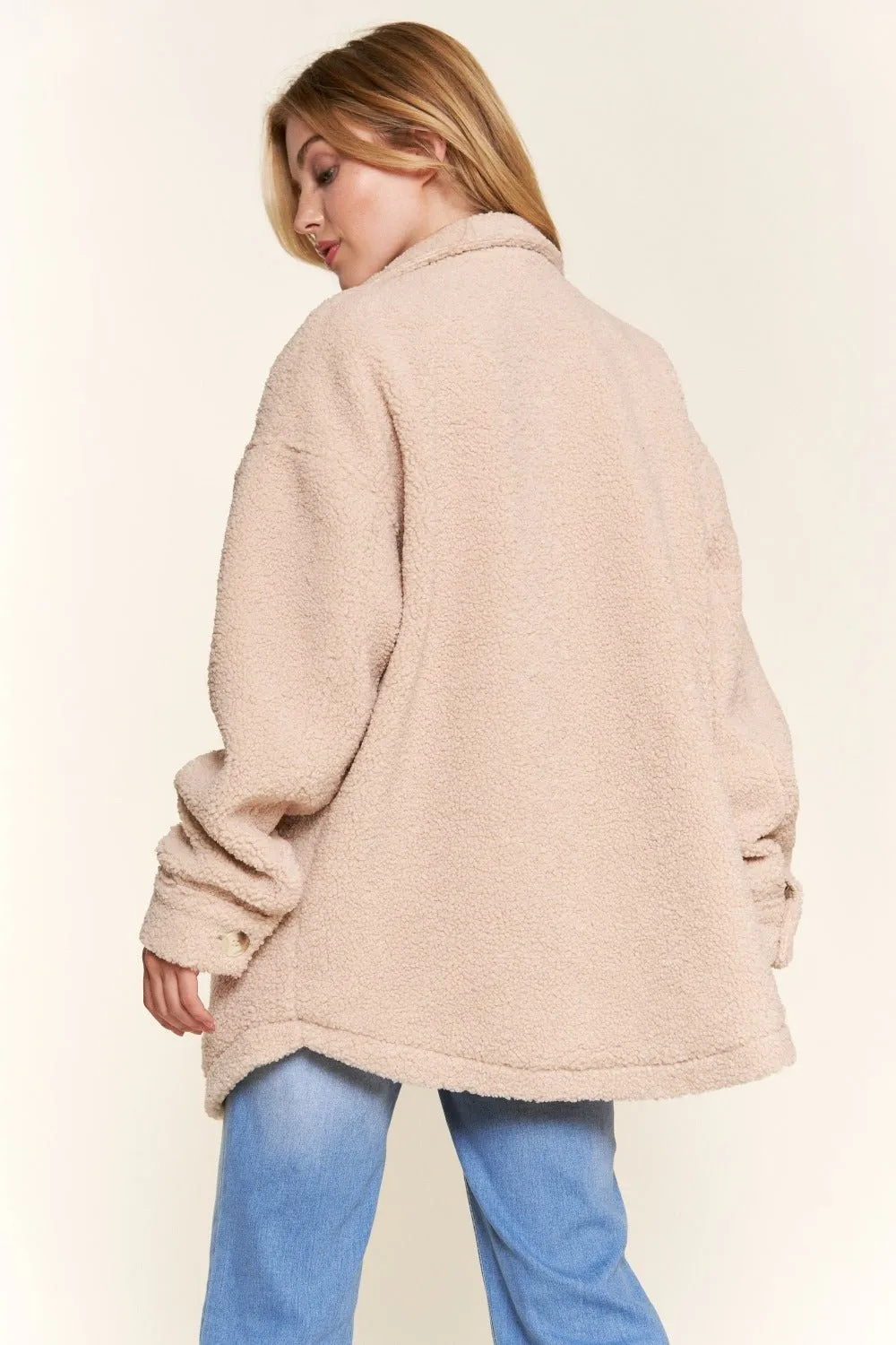 Teddy Sherpa Button Down Curved Hem Shacket in Natural
