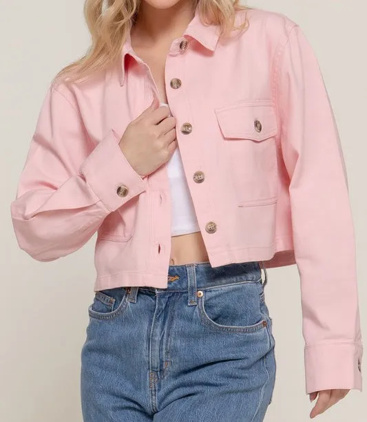 The Cropped Boyfriend Shacket in Blush Pink