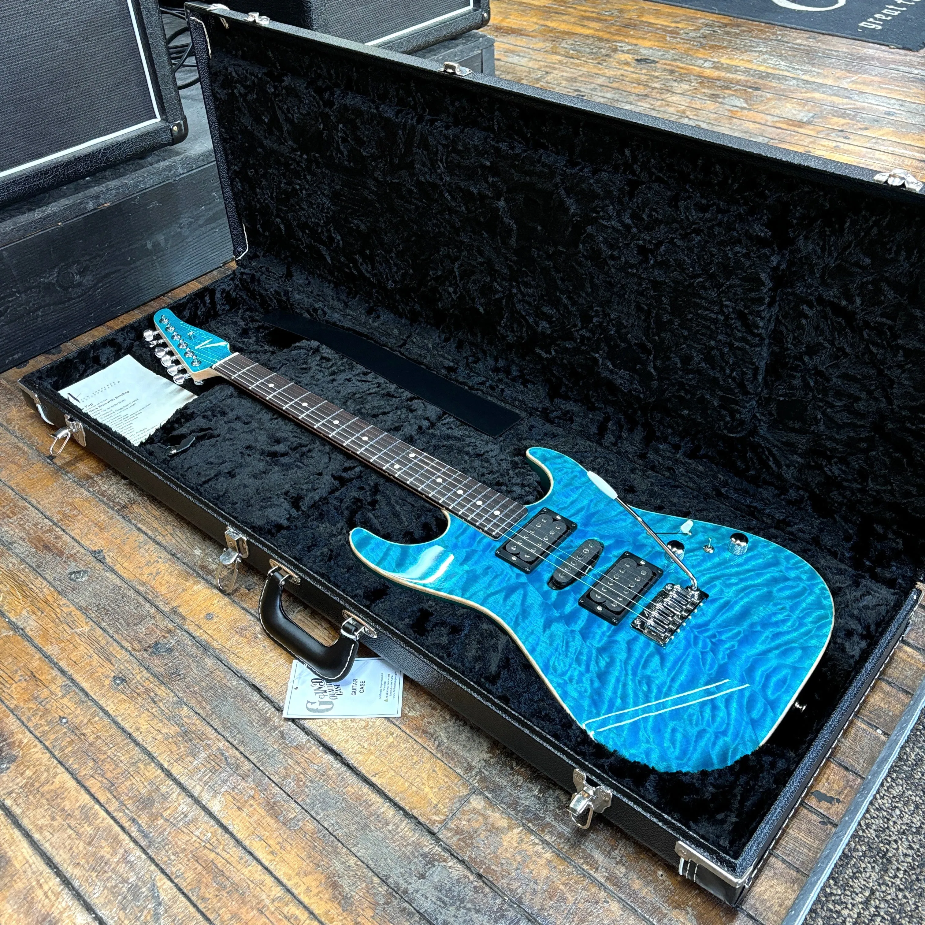 Tom Anderson Drop Top HSH Electric Guitar Bora Bora Blue Quilted w/Matching Headstock, Hard Case