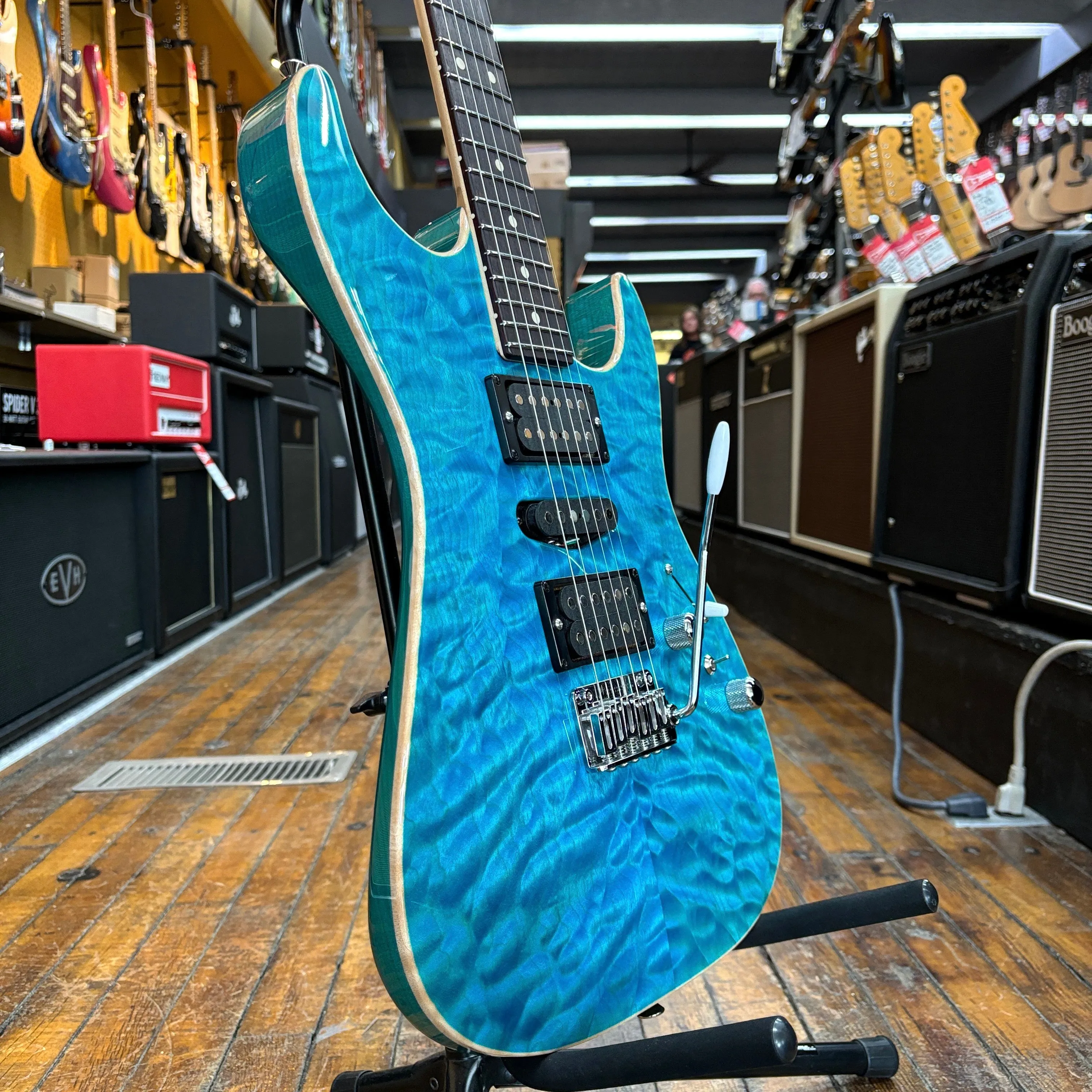 Tom Anderson Drop Top HSH Electric Guitar Bora Bora Blue Quilted w/Matching Headstock, Hard Case