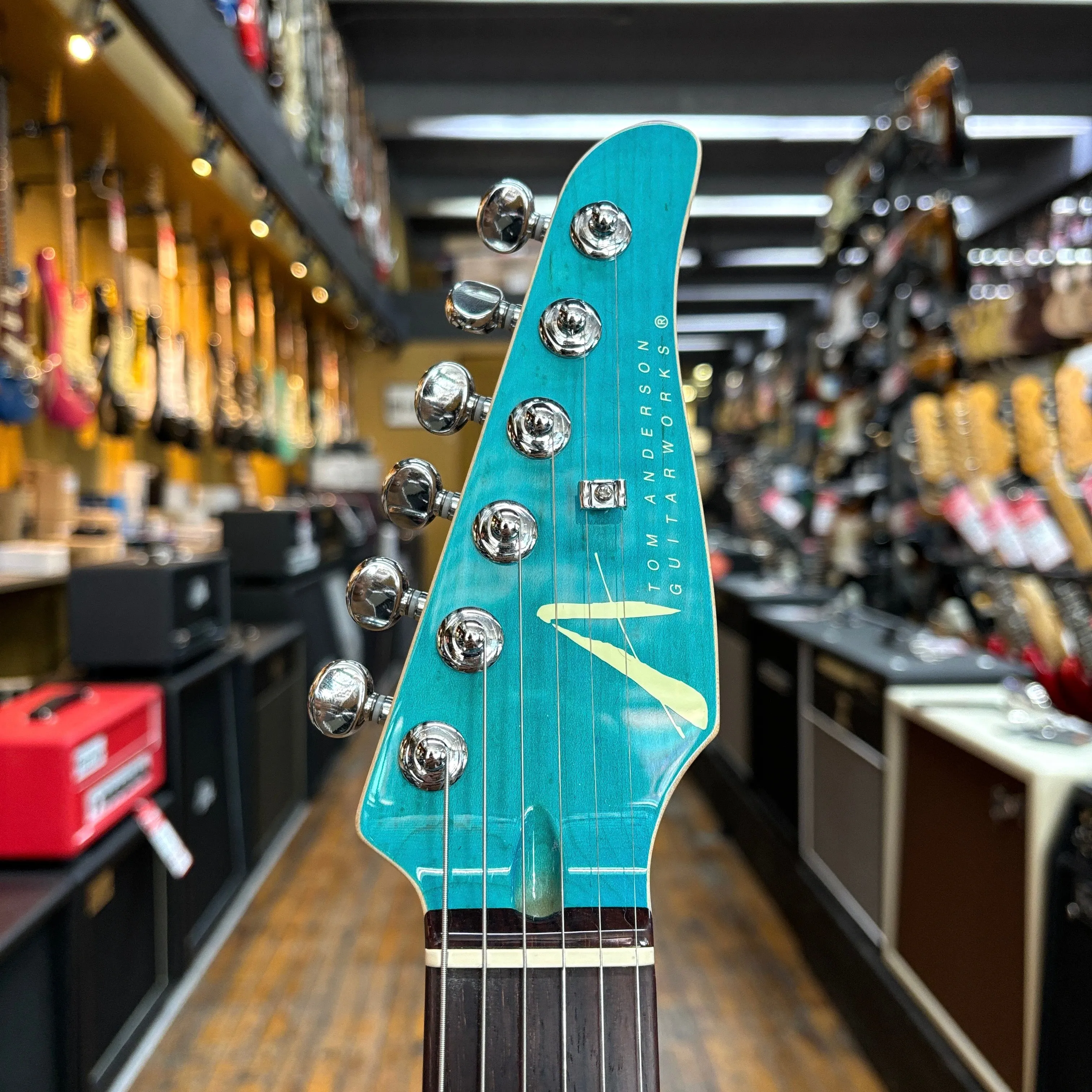 Tom Anderson Drop Top HSH Electric Guitar Bora Bora Blue Quilted w/Matching Headstock, Hard Case