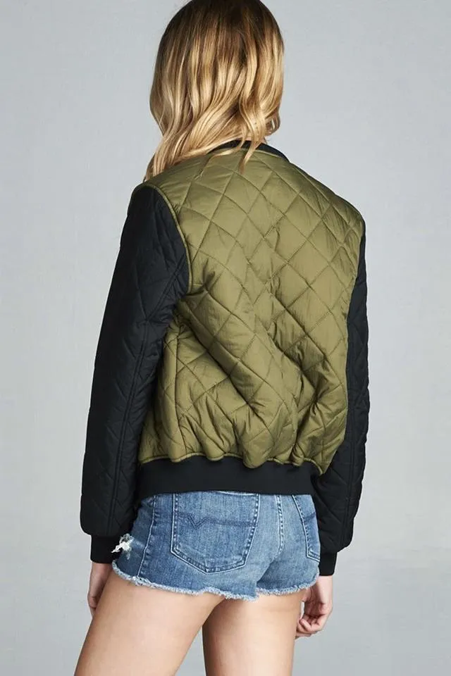 Two Tone Quilted Bomber Jacket (Olive)