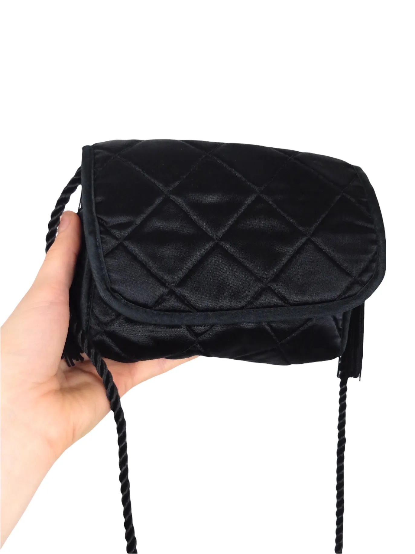 Vintage 00s Y2K Black Silky Quilted Small Mini Crossbody Bag with Tassels & Snap Closure