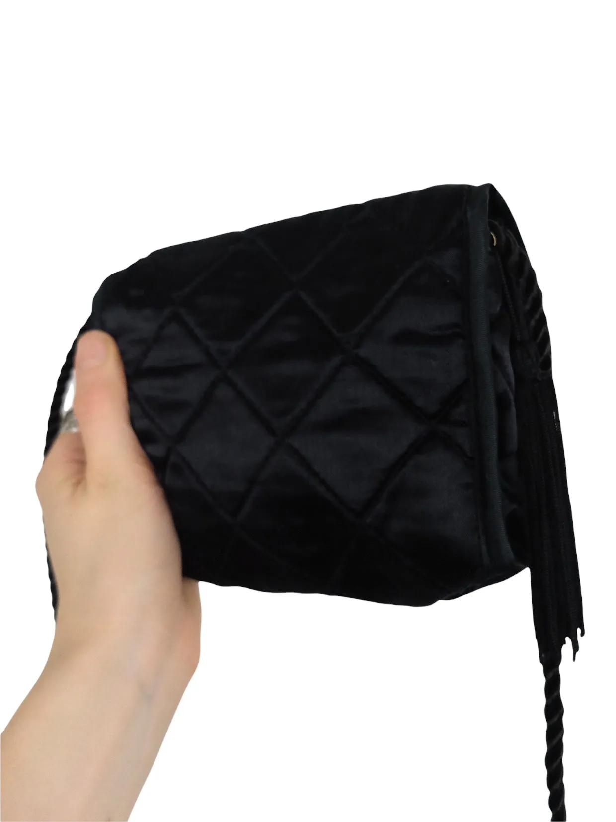 Vintage 00s Y2K Black Silky Quilted Small Mini Crossbody Bag with Tassels & Snap Closure