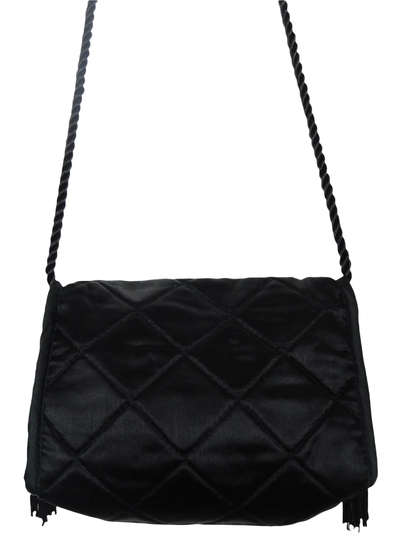 Vintage 00s Y2K Black Silky Quilted Small Mini Crossbody Bag with Tassels & Snap Closure
