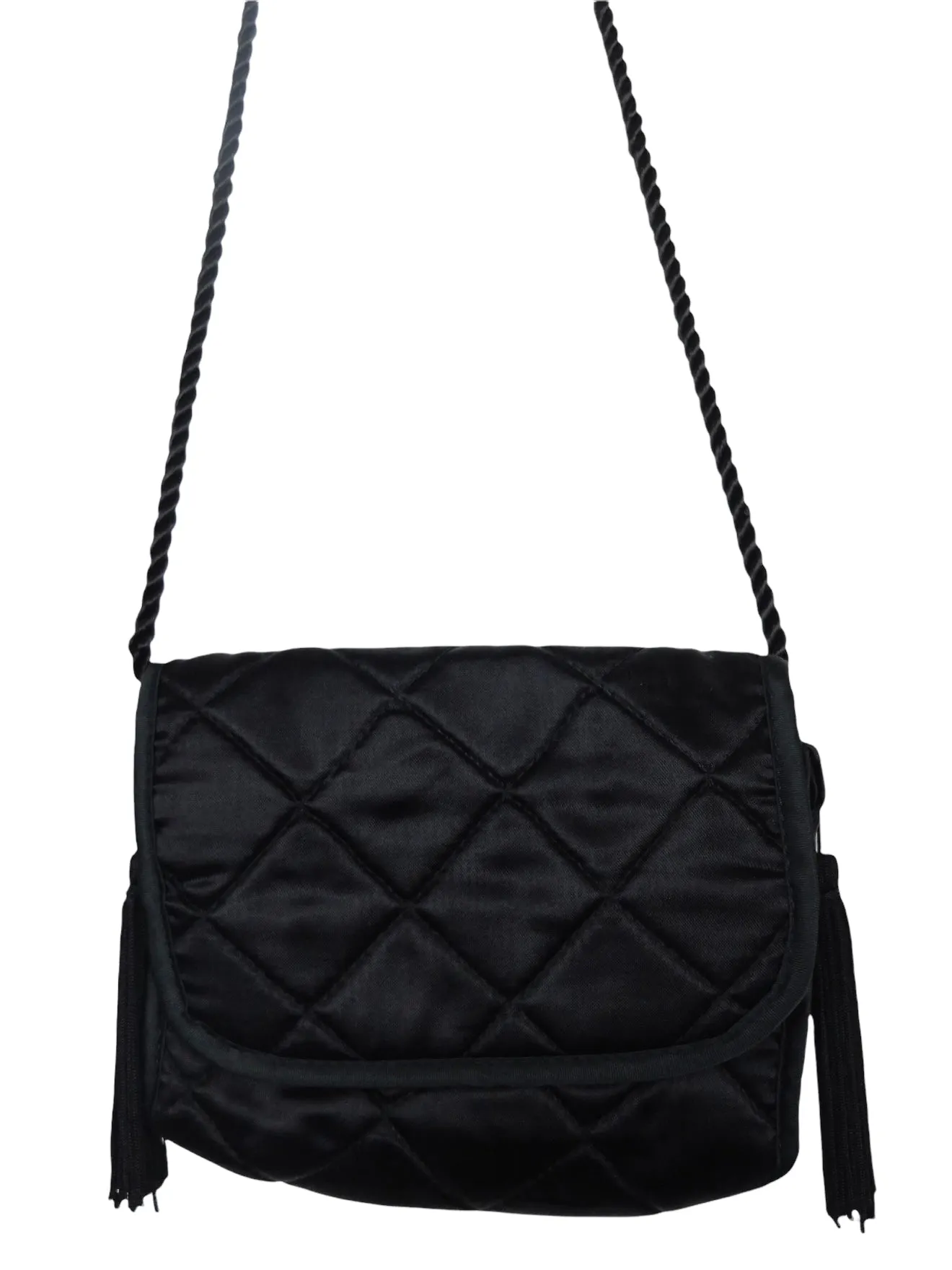 Vintage 00s Y2K Black Silky Quilted Small Mini Crossbody Bag with Tassels & Snap Closure